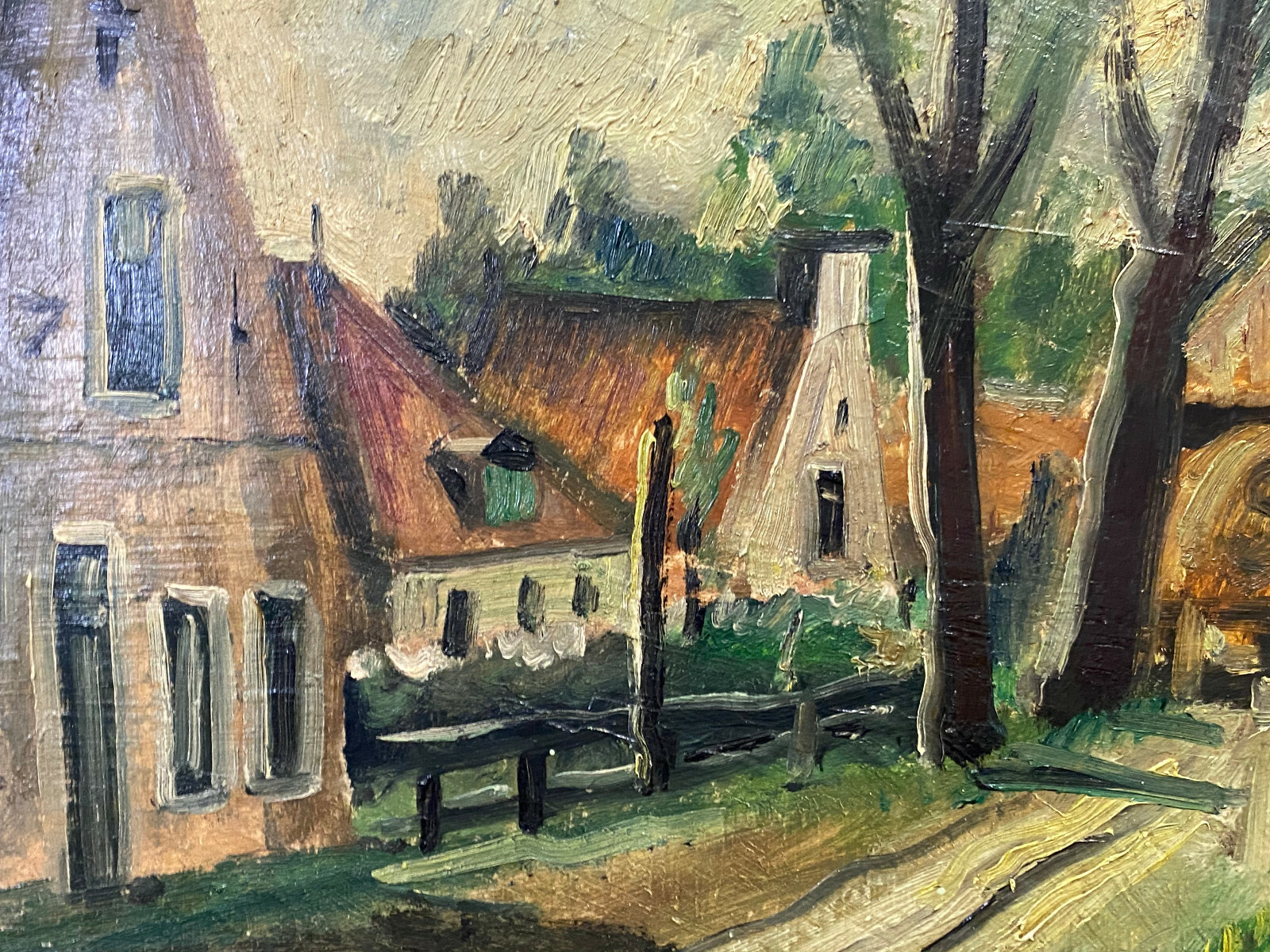 ANTIKES ÖLGEMÄLDE ÖL AUF KARTON DORF GASSE ABMESSUNGEN MIT RAHMEN 69x56cm – Bild 5