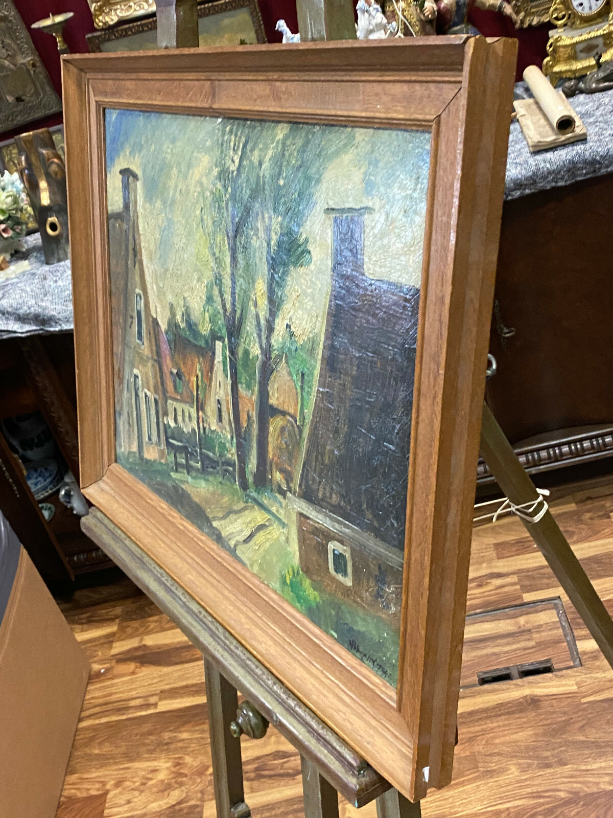 ANTIKES ÖLGEMÄLDE ÖL AUF KARTON DORF GASSE ABMESSUNGEN MIT RAHMEN 69x56cm – Bild 8