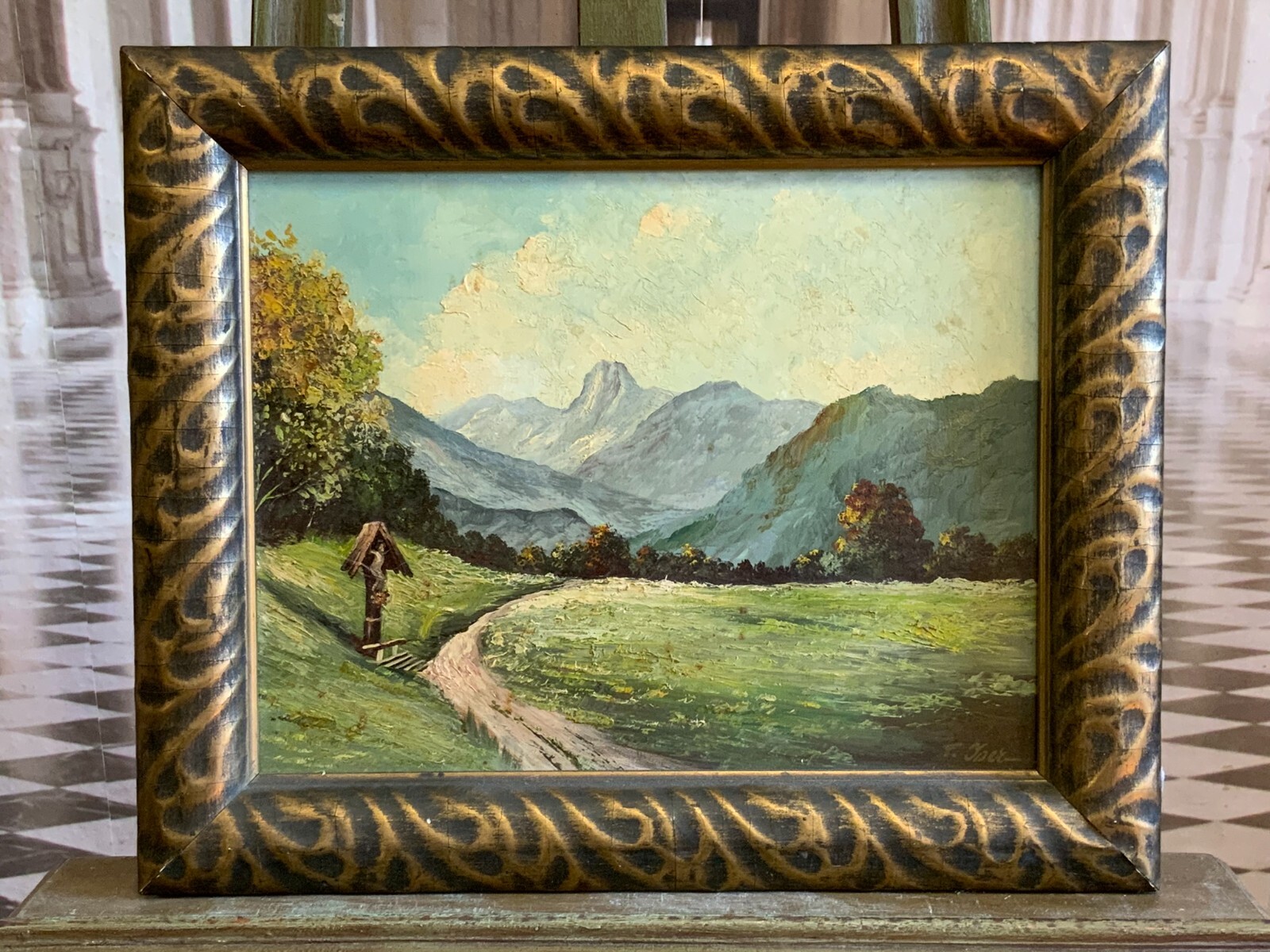 ÖLGEMÄLDE WANDERWEG IN DER LANDSCHAFT MIT KRUZIFIX SIGNIERT GUT GERAHMT – Bild 3
