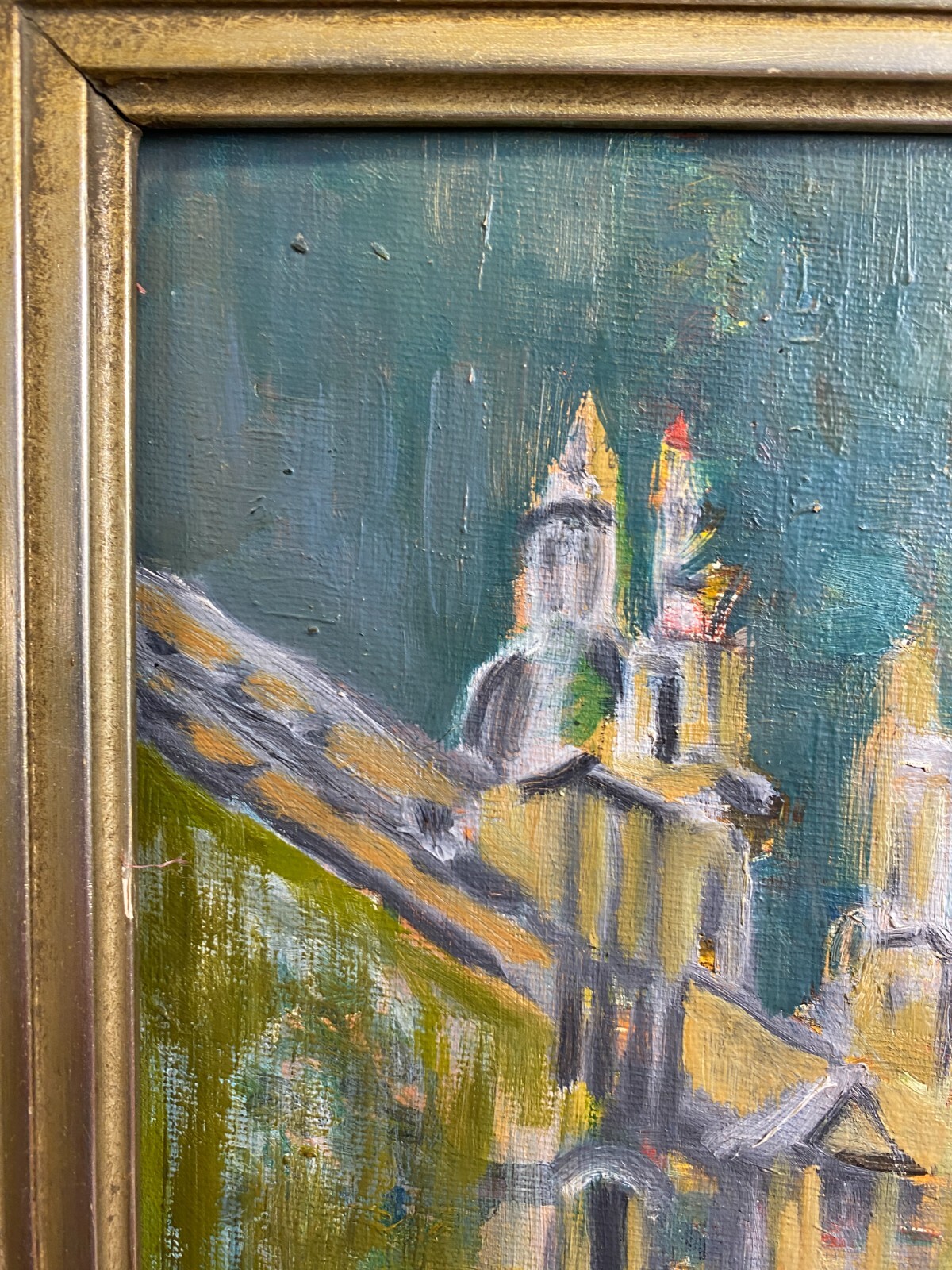 Ölgemälde auf Platte, in barockem Prunkrahmen gerahmt BRUNNEN VOR SCHLOSS – Bild 5