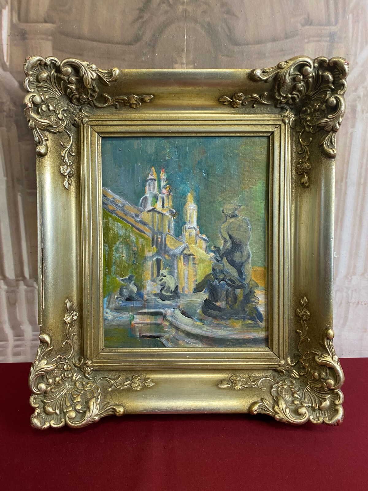 Ölgemälde auf Platte, in barockem Prunkrahmen gerahmt BRUNNEN VOR SCHLOSS