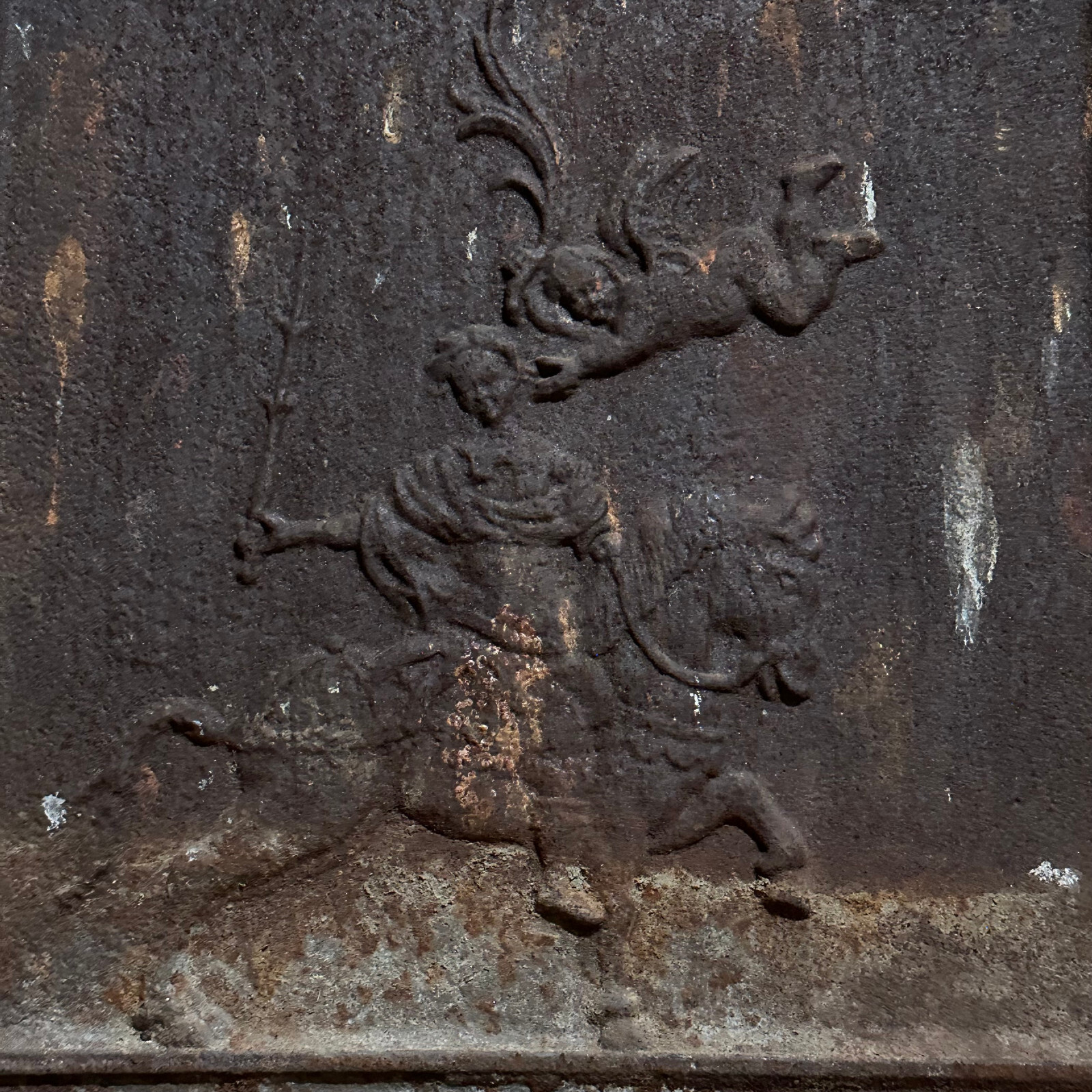 ANTIKE BAROCK OFENPLATTE AUS EISEN 18/19 TES JHDT 45x50cm DIANA JAGD