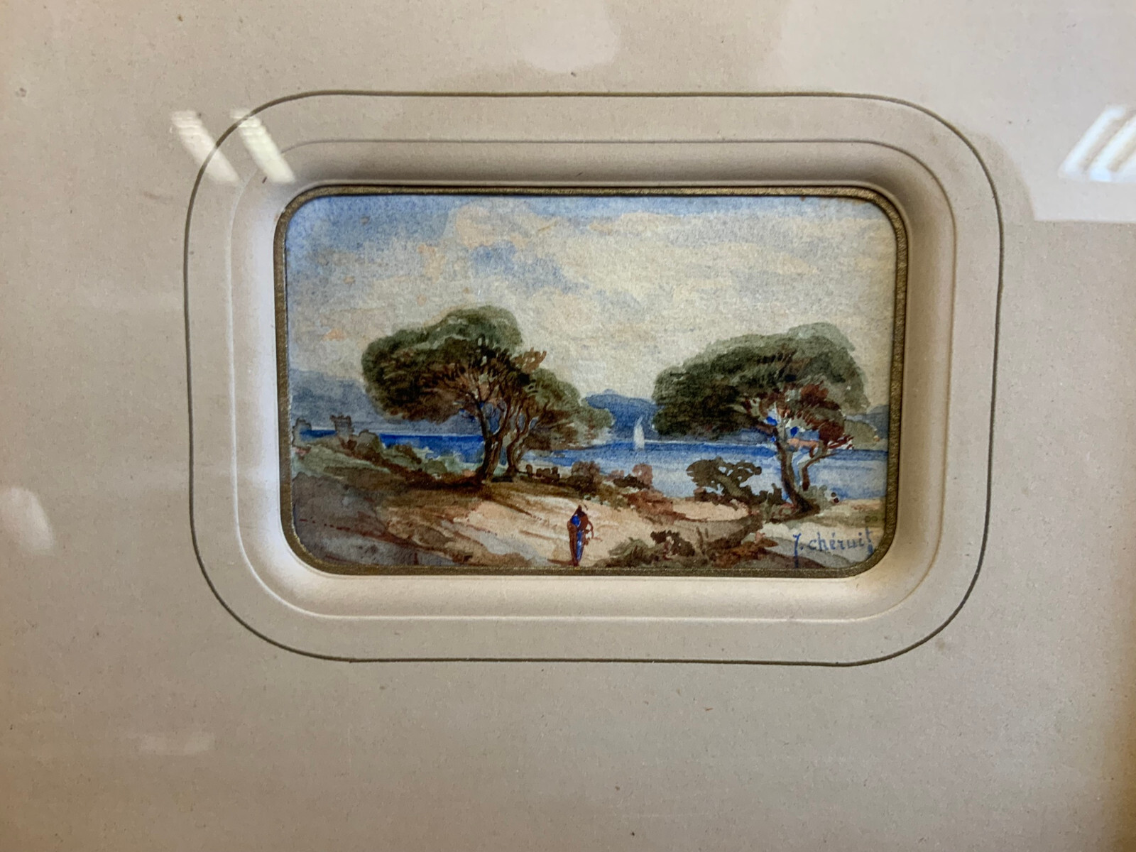 AQUARELL JULES CHÉRUIT PERSON IN LANDSCHAFT GERAHMT HINTER GLAS MINIATUR GEMÄLDE – Bild 3