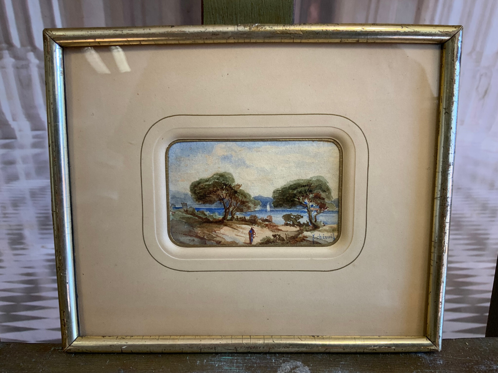 AQUARELL JULES CHÉRUIT PERSON IN LANDSCHAFT GERAHMT HINTER GLAS MINIATUR GEMÄLDE – Bild 4