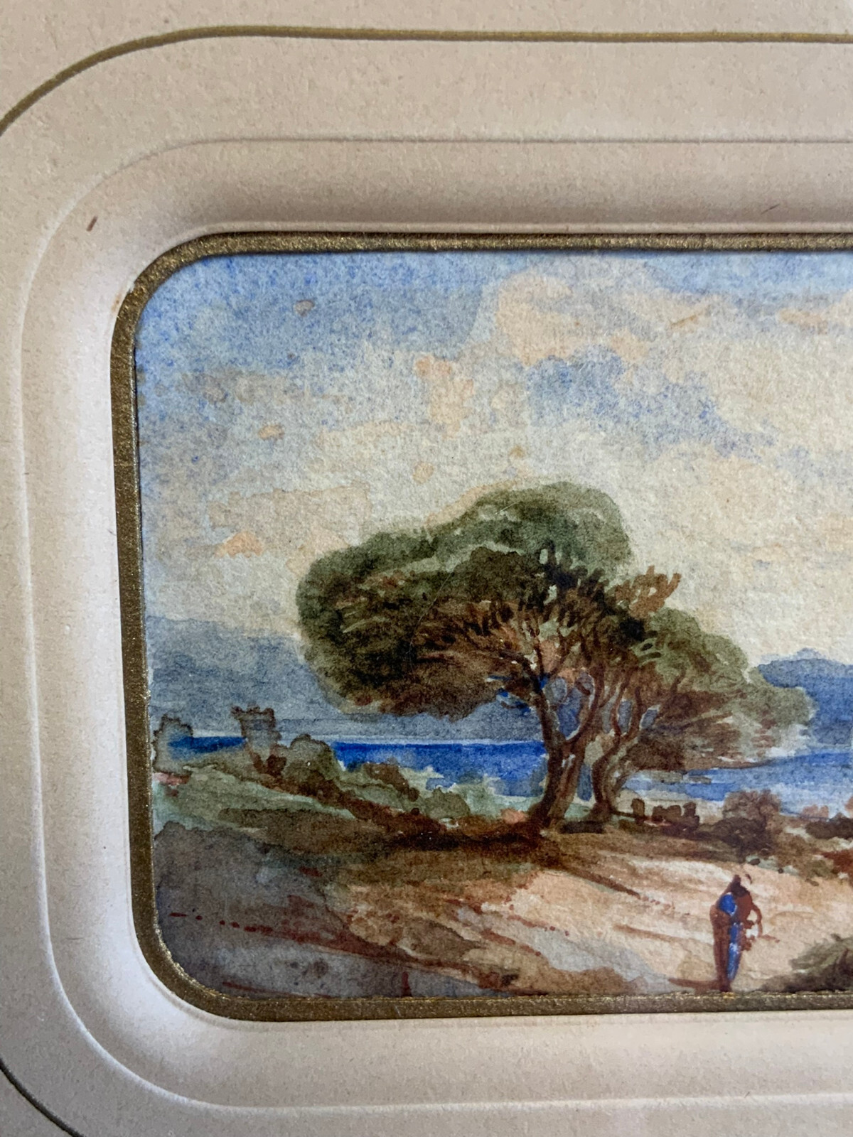 AQUARELL JULES CHÉRUIT PERSON IN LANDSCHAFT GERAHMT HINTER GLAS MINIATUR GEMÄLDE – Bild 5