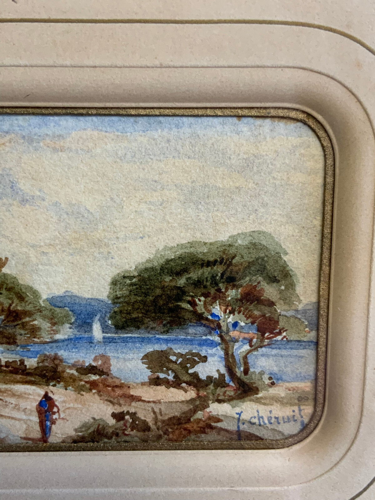 AQUARELL JULES CHÉRUIT PERSON IN LANDSCHAFT GERAHMT HINTER GLAS MINIATUR GEMÄLDE – Bild 6