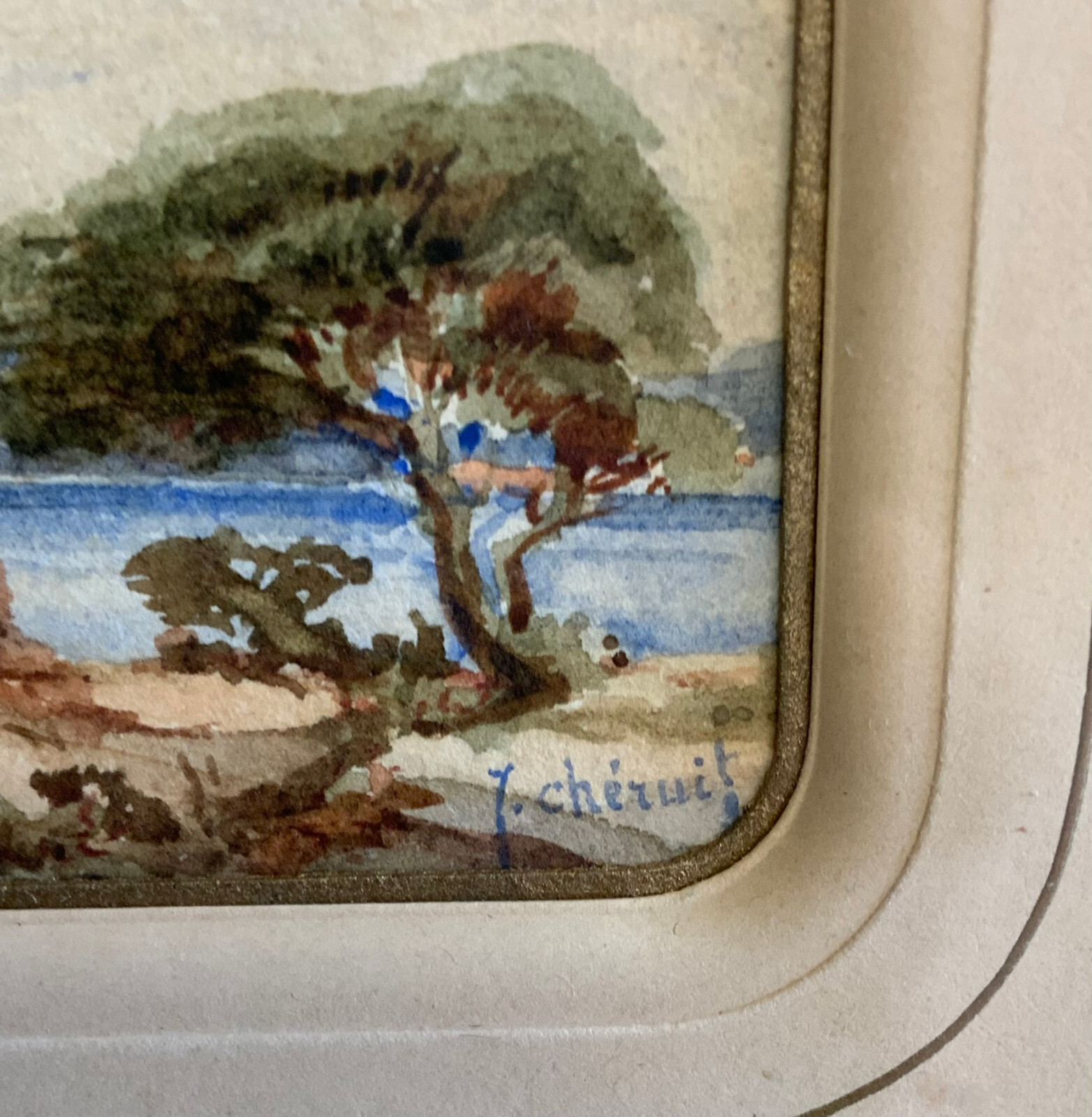 AQUARELL JULES CHÉRUIT PERSON IN LANDSCHAFT GERAHMT HINTER GLAS MINIATUR GEMÄLDE – Bild 7