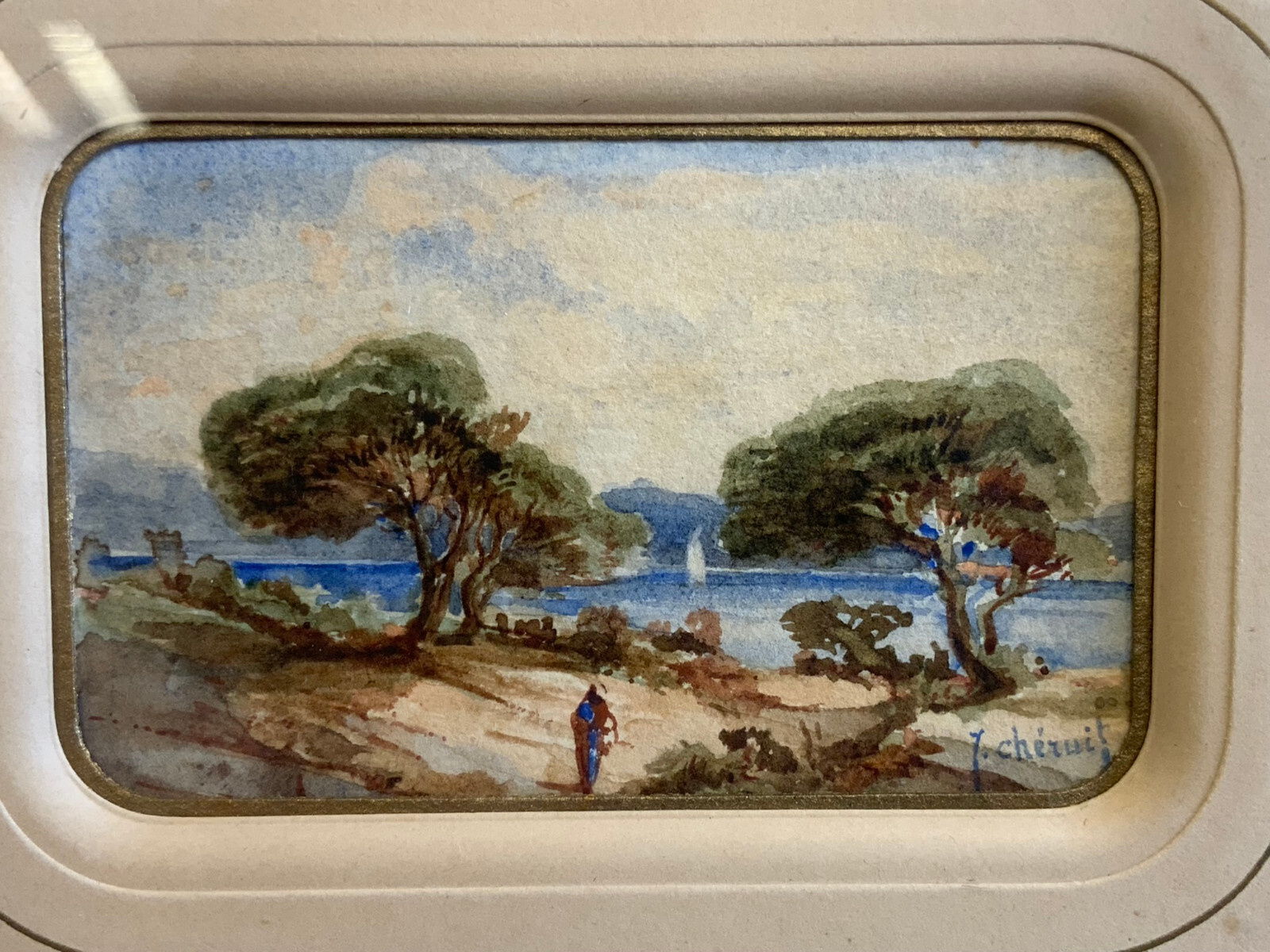 AQUARELL JULES CHÉRUIT PERSON IN LANDSCHAFT GERAHMT HINTER GLAS MINIATUR GEMÄLDE