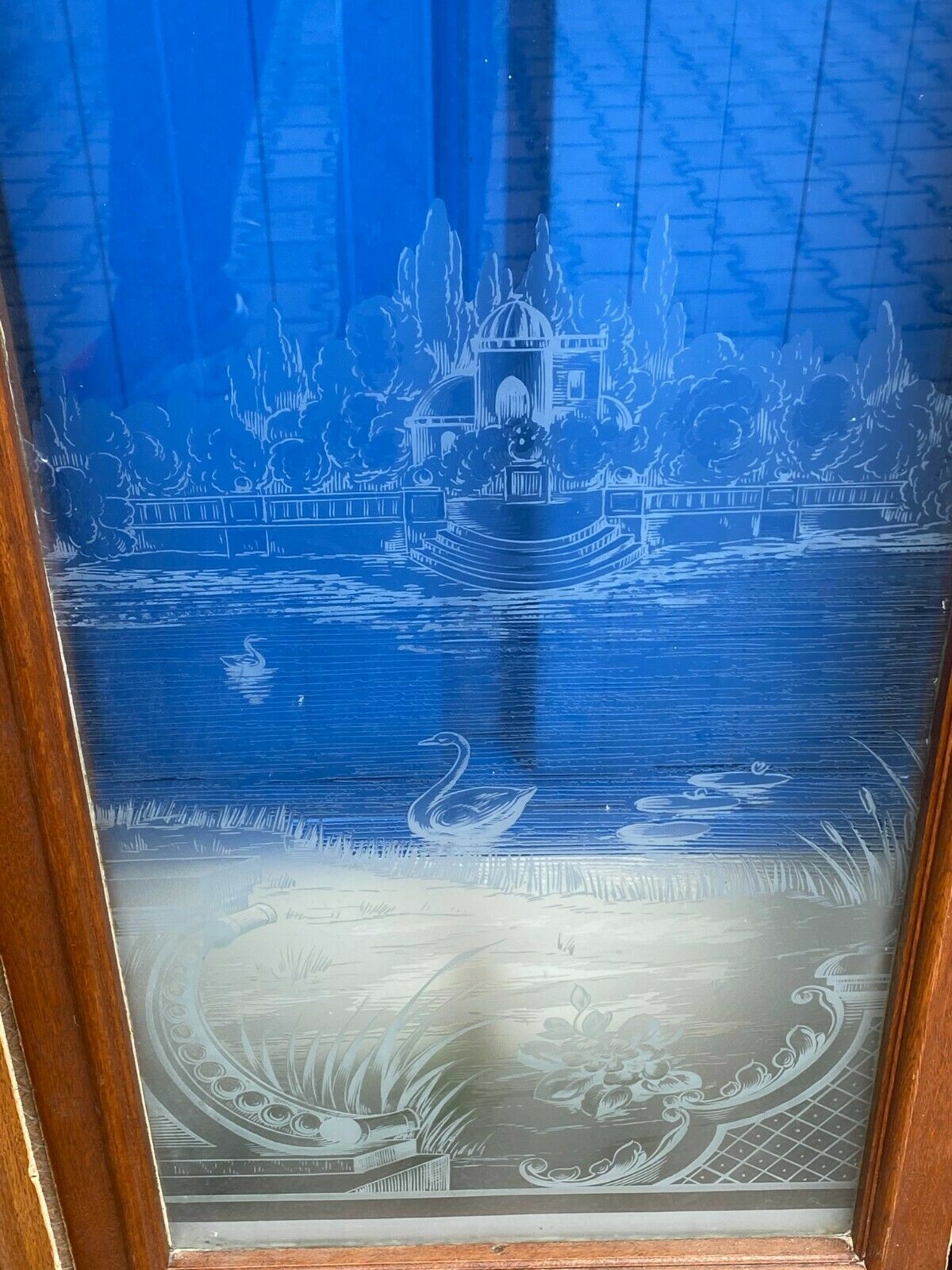 4x ANTIKE GLASSCHEIBE ORIGINAL UM 1900 JUGENDSTIL LANDSCHAFT GIRLANDEN PFAUEN – Bild 5