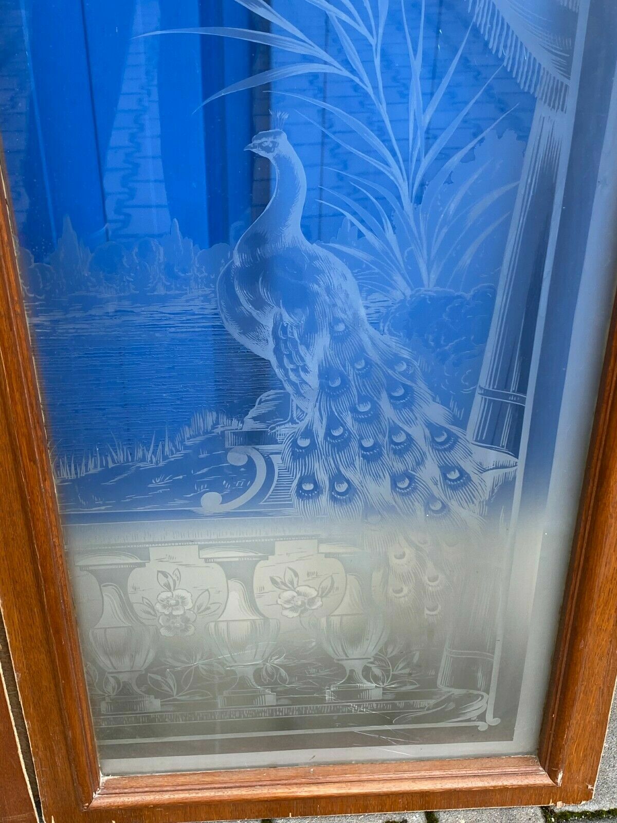 4x ANTIKE GLASSCHEIBE ORIGINAL UM 1900 JUGENDSTIL LANDSCHAFT GIRLANDEN PFAUEN – Bild 6