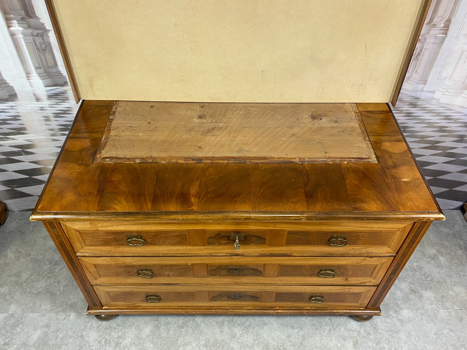 BAROCK KOMMODE NUSSBAUM UM 1880 HOLZ MASSIV FURNIERT ANTIKE BAROCKKOMMODE – Bild 7