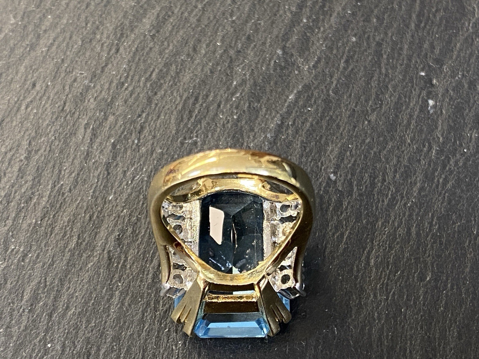 AUFFÄLLIGER RING GLASSTEIN GLAS AQUAMARIN FARBE GRÖSSE 54 METALL VERGOLDET – Bild 7