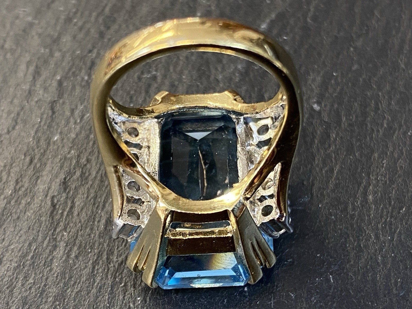 AUFFÄLLIGER RING GLASSTEIN GLAS AQUAMARIN FARBE GRÖSSE 54 METALL VERGOLDET – Bild 8