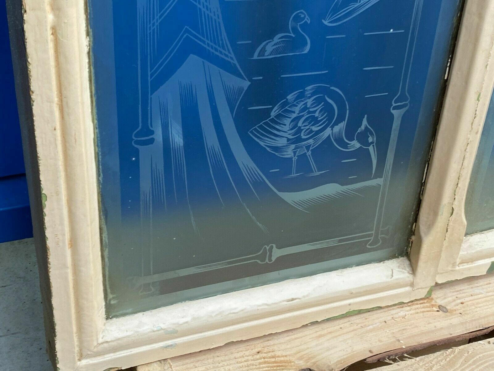2x ANTIKE GLASSCHEIBE SCHEIBE ORIGINAL UM 1900 JUGENDSTIL VÖGEL GIRLANDEN – Bild 8