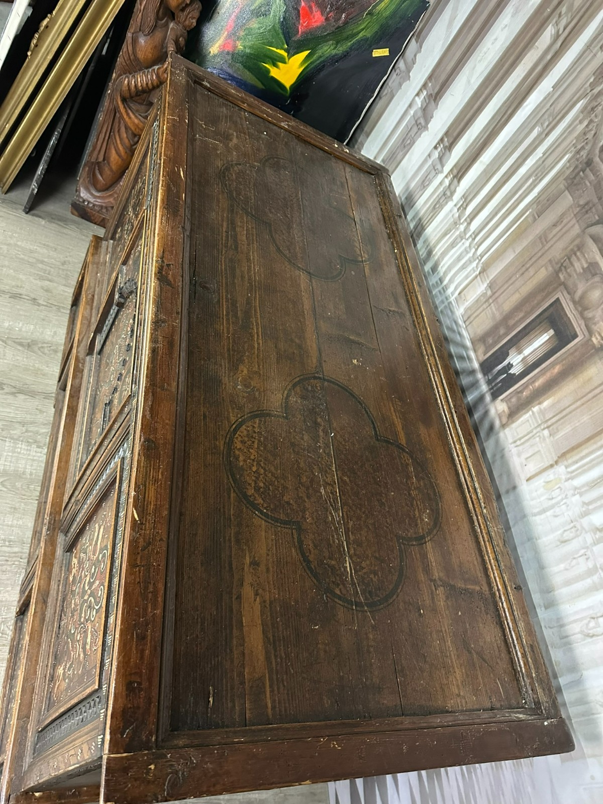 ANTIKE ALPBACHTALER TRUHE SOCKELTRUHE 1753 WEICHHOLZ BEMALT DOPPELKOPFADLER – Bild 9