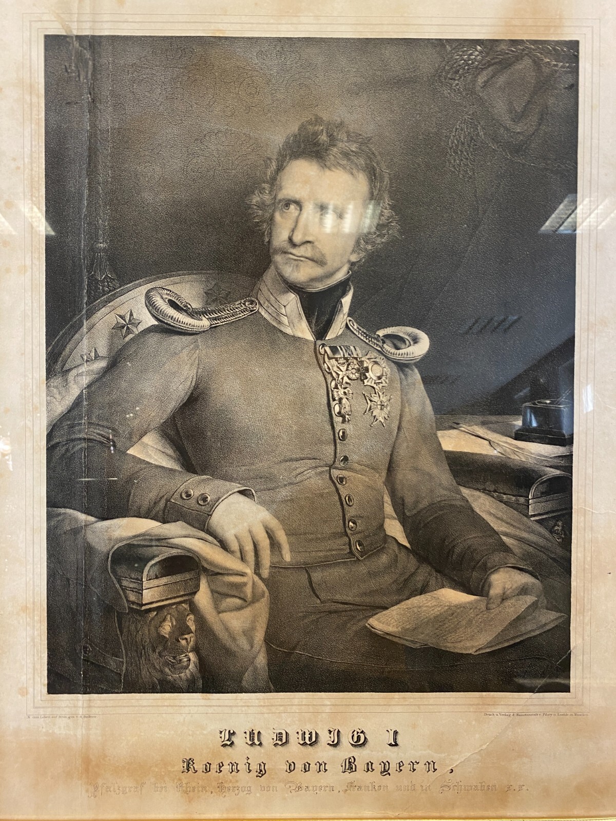 Grosser Druck gerahmt hinter Glas mit dem Portrait Ludwig I