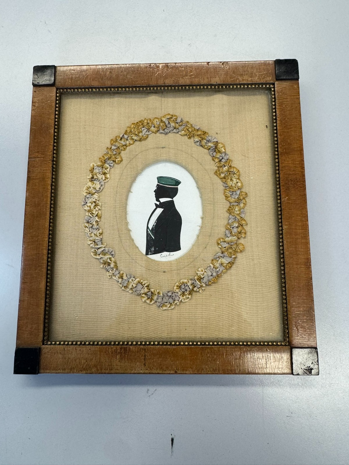 ANTIKE BIEDERMEIER COLLAGE TUSCHE / STOFF PORTRAIT EHREN STUDENT