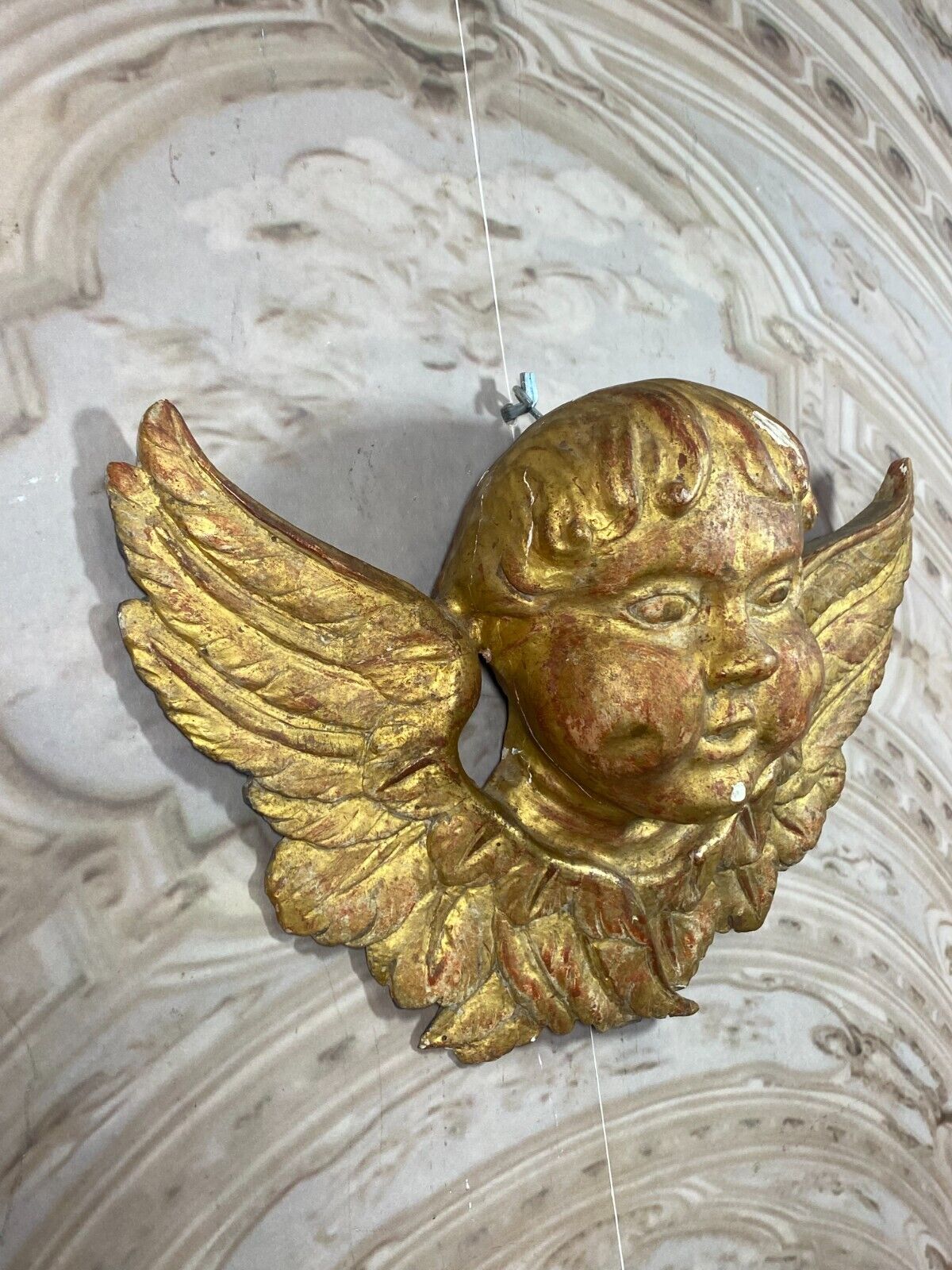 BAROCKENGEL PUTTO ANTIKE FIGUR AUS HOLZ BEFLÜGELTER ENGEL 19 TES JHDT 46x29cm – Bild 3