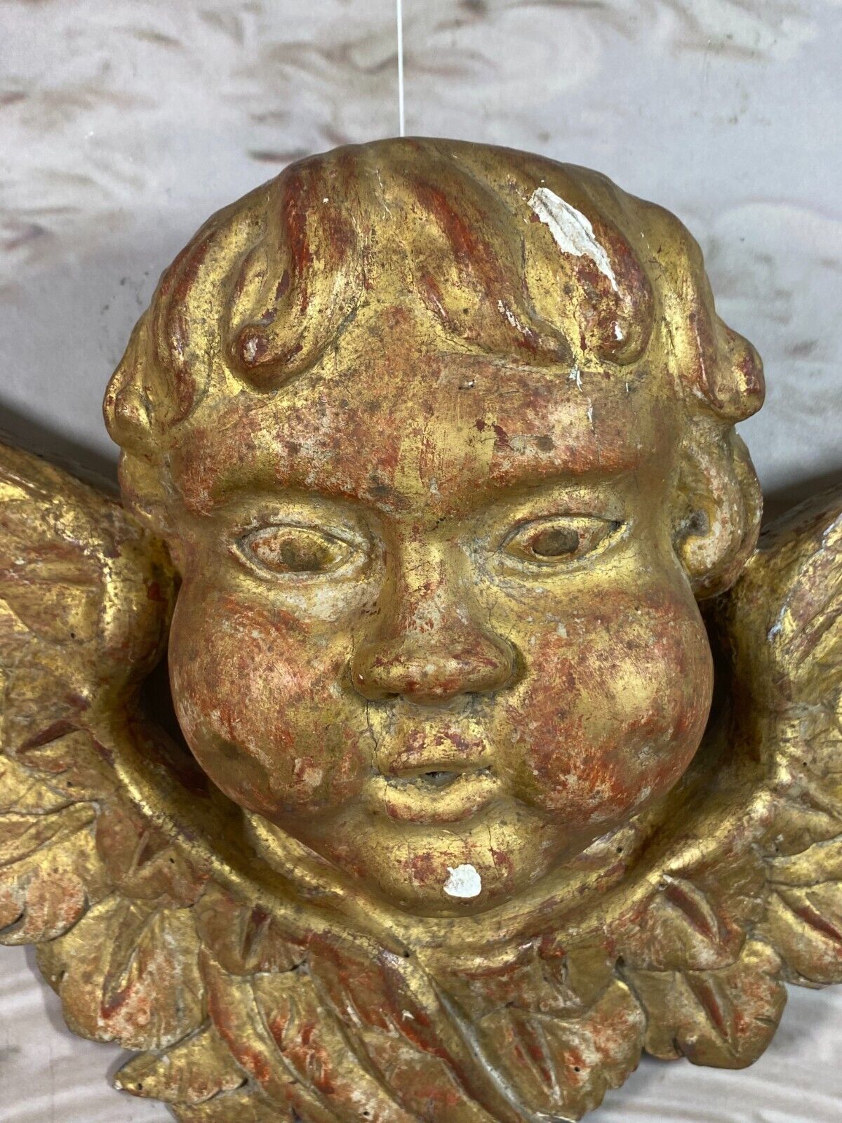 BAROCKENGEL PUTTO ANTIKE FIGUR AUS HOLZ BEFLÜGELTER ENGEL 19 TES JHDT 46x29cm – Bild 5