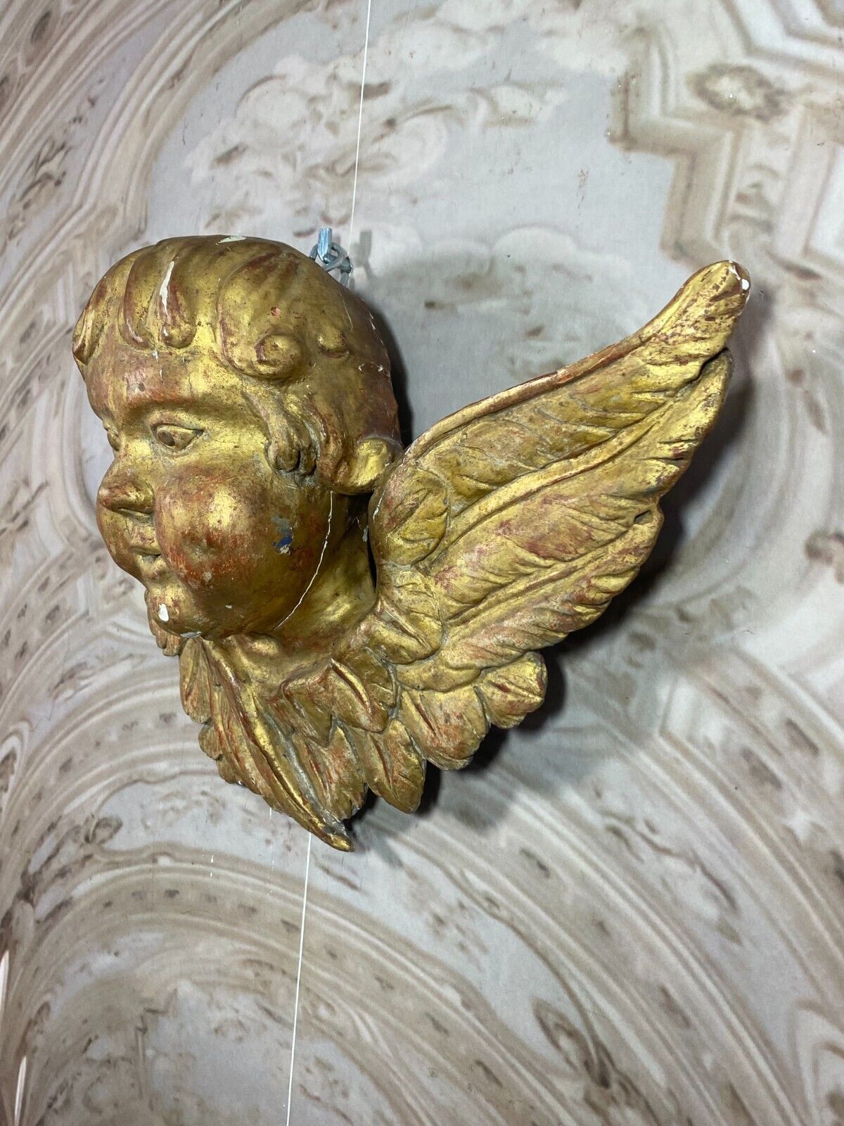 BAROCKENGEL PUTTO ANTIKE FIGUR AUS HOLZ BEFLÜGELTER ENGEL 19 TES JHDT 46x29cm – Bild 6