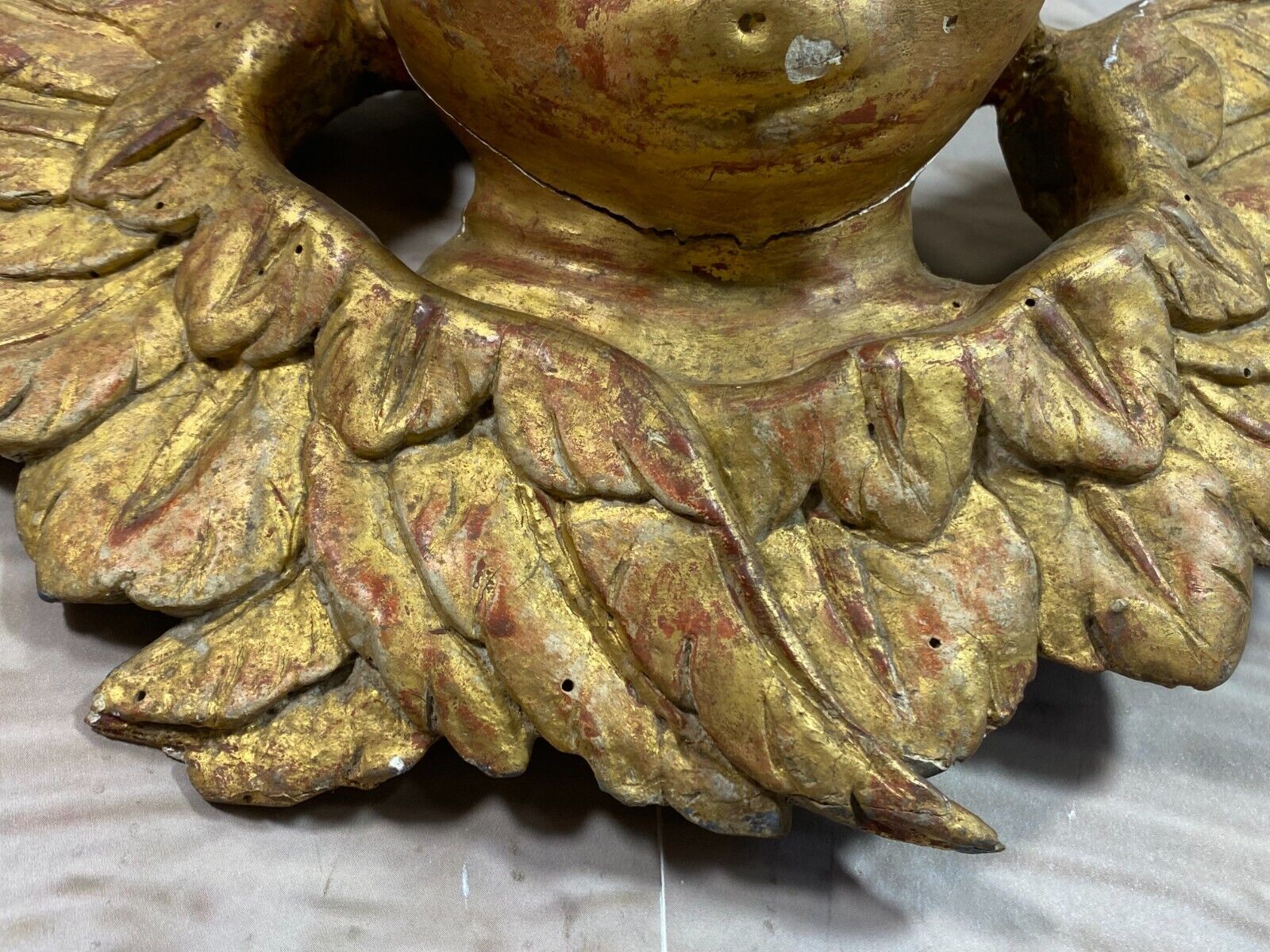 BAROCKENGEL PUTTO ANTIKE FIGUR AUS HOLZ BEFLÜGELTER ENGEL 19 TES JHDT 46x29cm – Bild 7