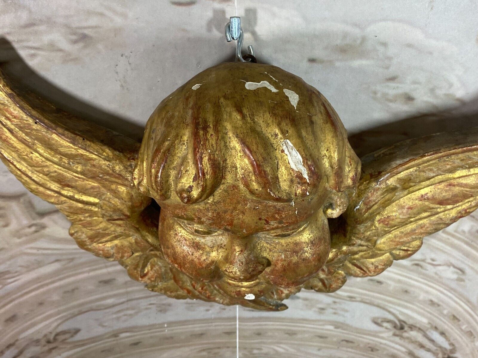 BAROCKENGEL PUTTO ANTIKE FIGUR AUS HOLZ BEFLÜGELTER ENGEL 19 TES JHDT 46x29cm – Bild 9