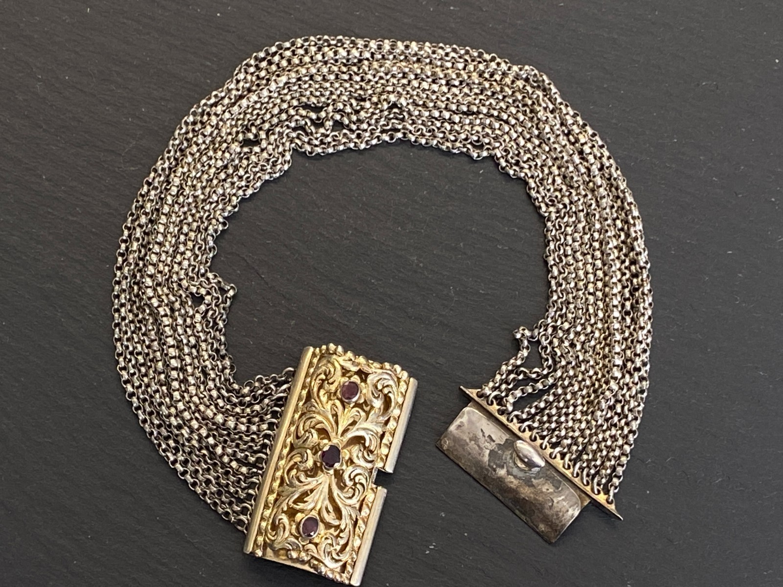 ANTIKE HALSKETTE KROPFKETTE TRACHTENKETTE STERLING SILBER VERGOLDET GRANAT 19JH – Bild 4