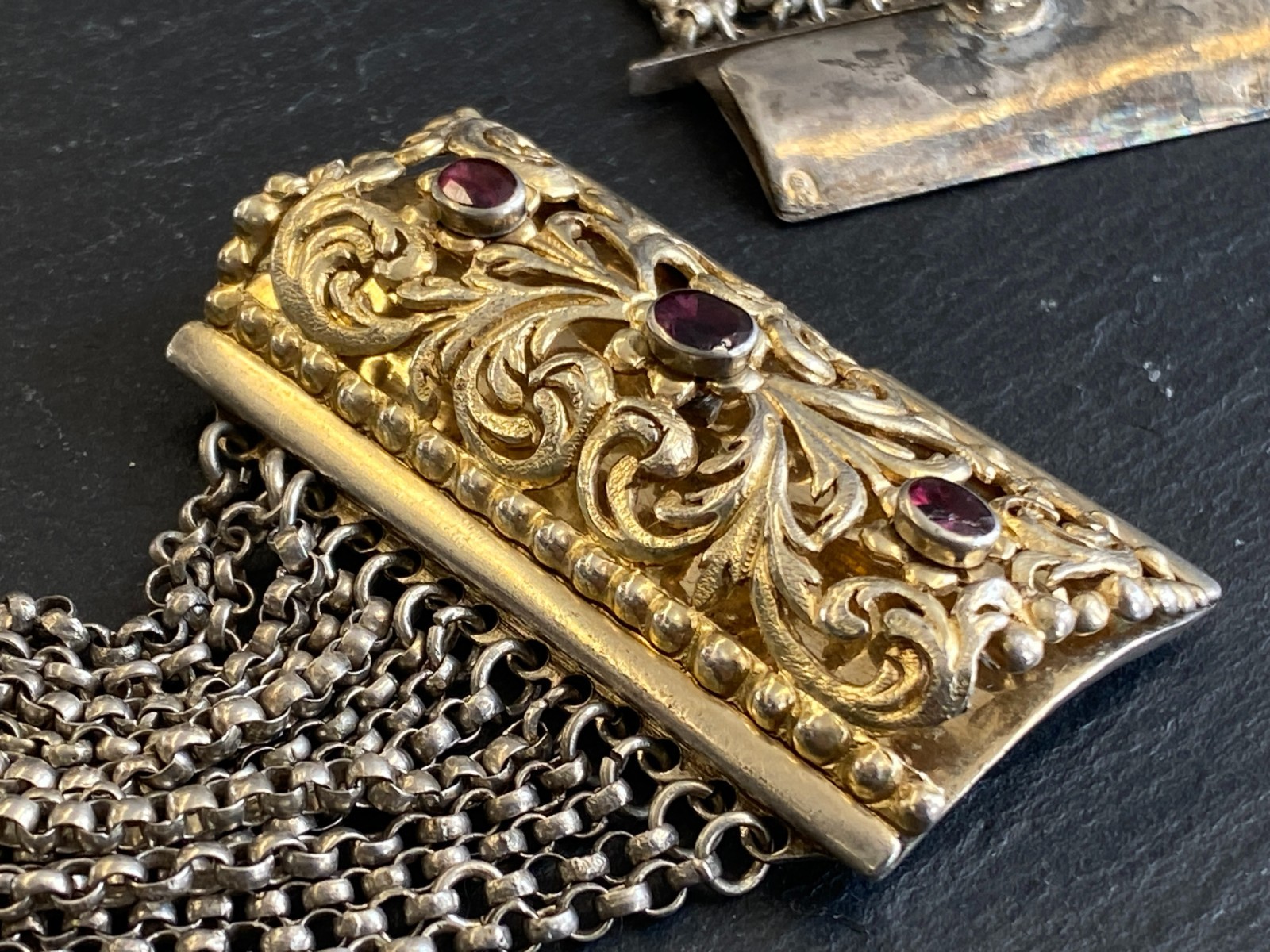 ANTIKE HALSKETTE KROPFKETTE TRACHTENKETTE STERLING SILBER VERGOLDET GRANAT 19JH – Bild 5