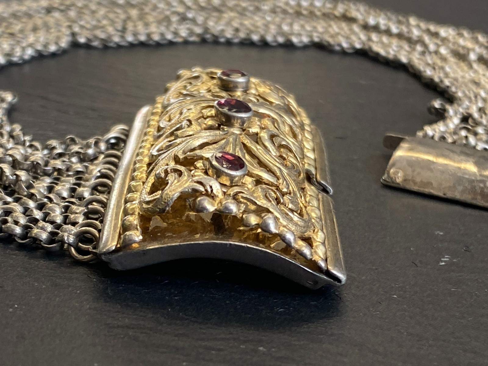 ANTIKE HALSKETTE KROPFKETTE TRACHTENKETTE STERLING SILBER VERGOLDET GRANAT 19JH – Bild 6