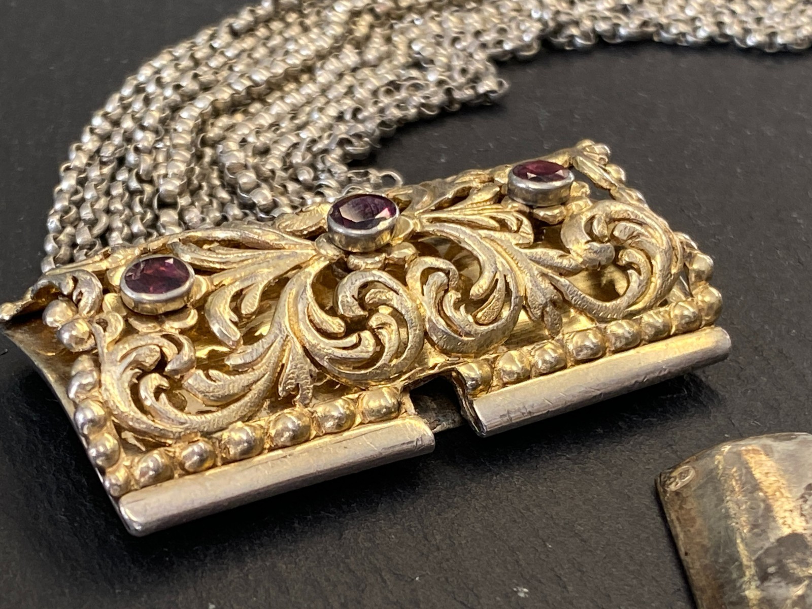 ANTIKE HALSKETTE KROPFKETTE TRACHTENKETTE STERLING SILBER VERGOLDET GRANAT 19JH – Bild 7