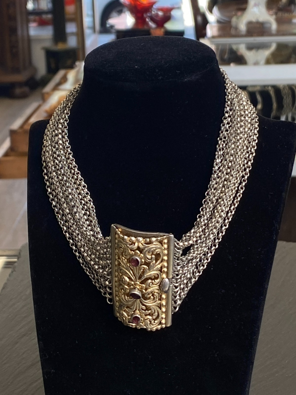 ANTIKE HALSKETTE KROPFKETTE TRACHTENKETTE STERLING SILBER VERGOLDET GRANAT 19JH