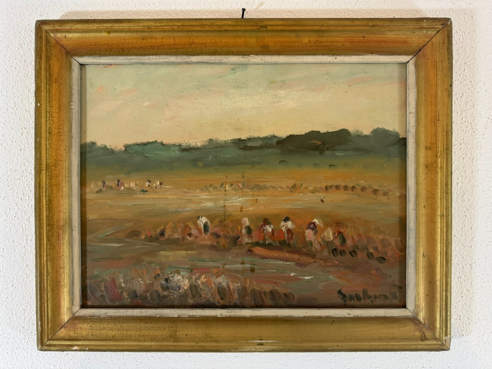 ÖLGEMÄLDE LANDSCHAFT MIT PERSONEN BEI DER FELDARBEIT SIGNIERT