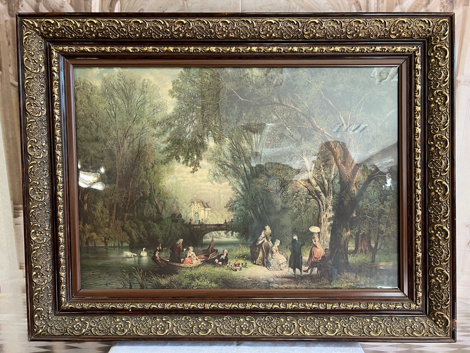 GALANTE BAROCKE SZENERIE PRUNKRAHMEN DRUCK PERSONEN LANDSCHAFT 107x82cm