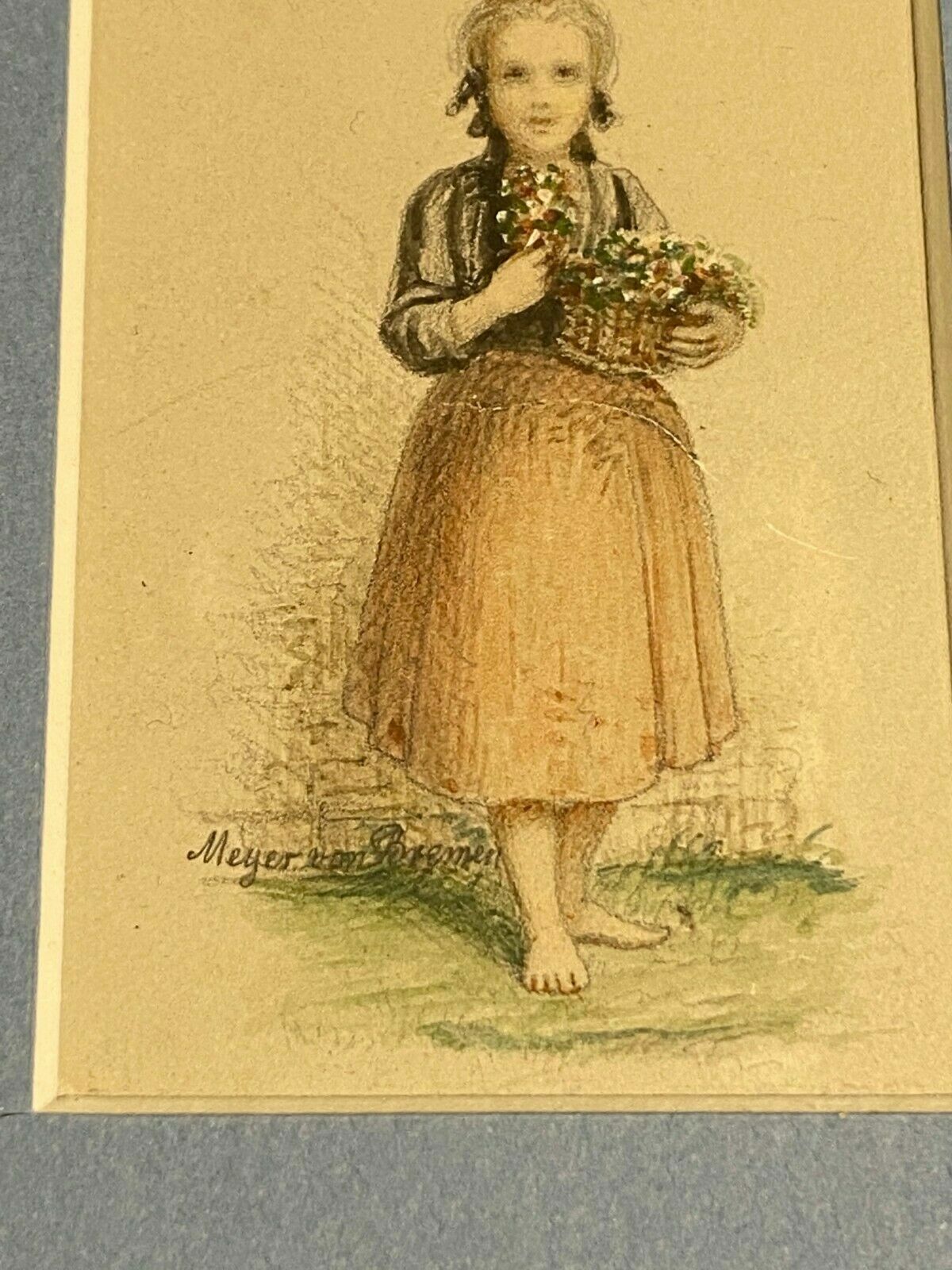 Johann Georg MEYER VON BREMEN ZEICHNUNG AQUARELL MÄDCHEN MIT BLUMENKORB – Bild 4