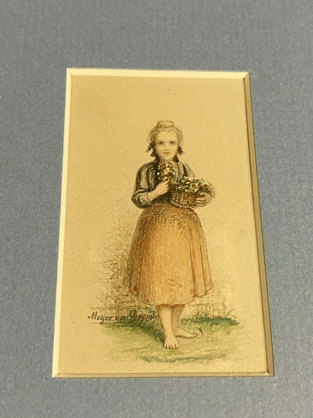 Johann Georg MEYER VON BREMEN ZEICHNUNG AQUARELL MÄDCHEN MIT BLUMENKORB