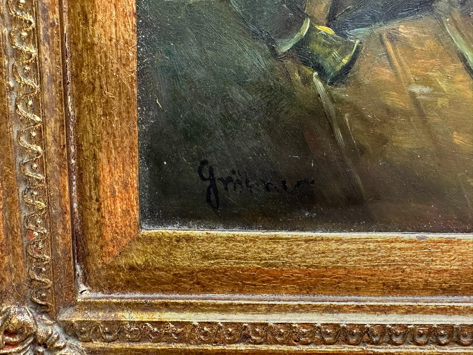 ÖLGEMÄLDE MASSIV GERAHMT SIGNIERT GRÖHNER PERSONEN IM WIRTSHAUS – Bild 5