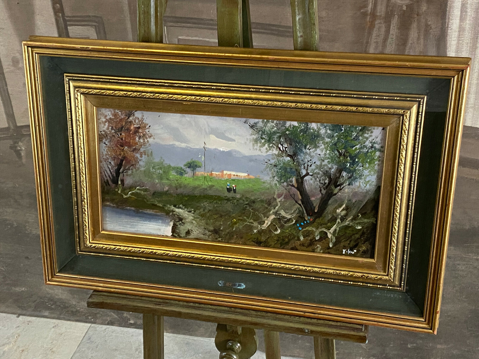 ÖL GEMÄLDE LANDSCHAFT MIT PERSONEN STAFFAGE SIGNIERT E. CANO ABMESSUNGEN 82x53cm