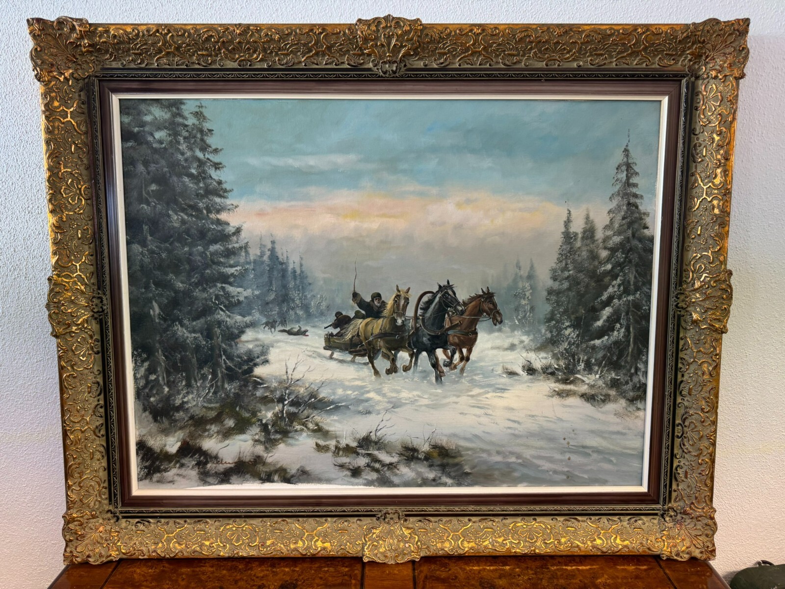 GROSSES ÖLGEMÄLDE IN PRUNKRAHMEN WILLUOW SIGNIERT TROJKA IN WINTER LANDSCHAFT