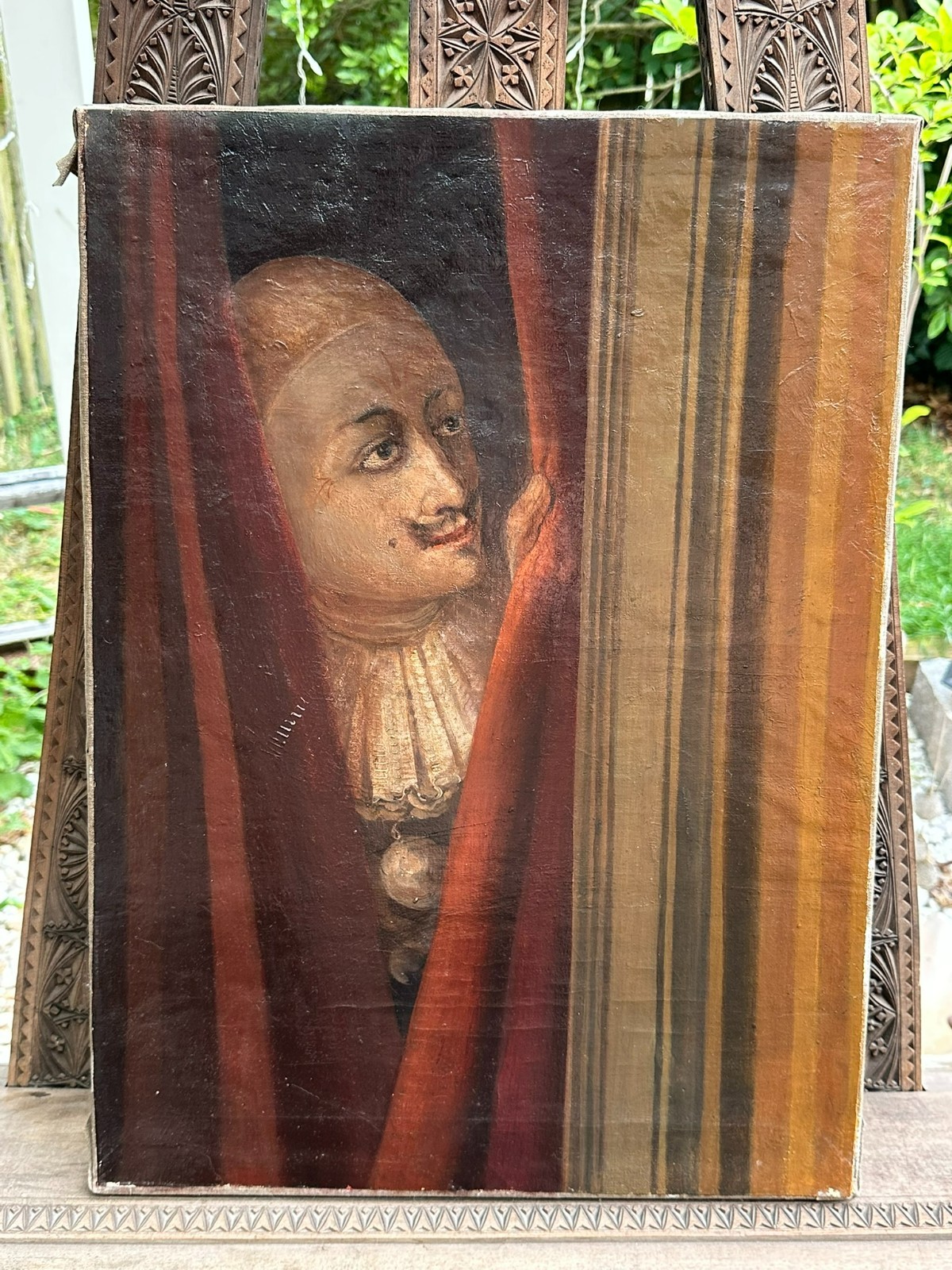 ALTES ÖLGEMÄLDE MANN HINTER VORHANG – Bild 3