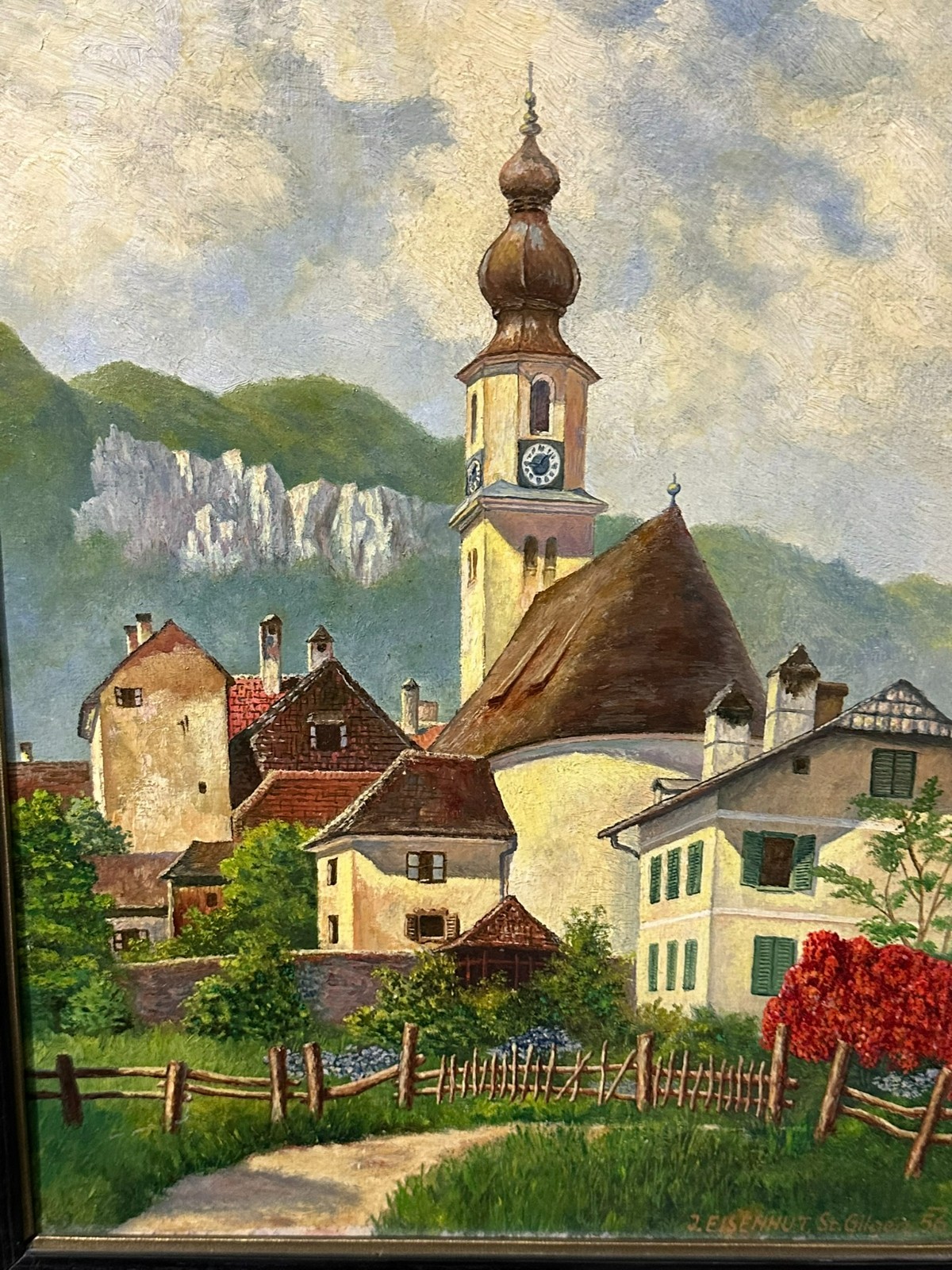 ÖLGEMÄLDE KIRCHE IN LANDSCHAFT ST GILGEN J. EISENHUT