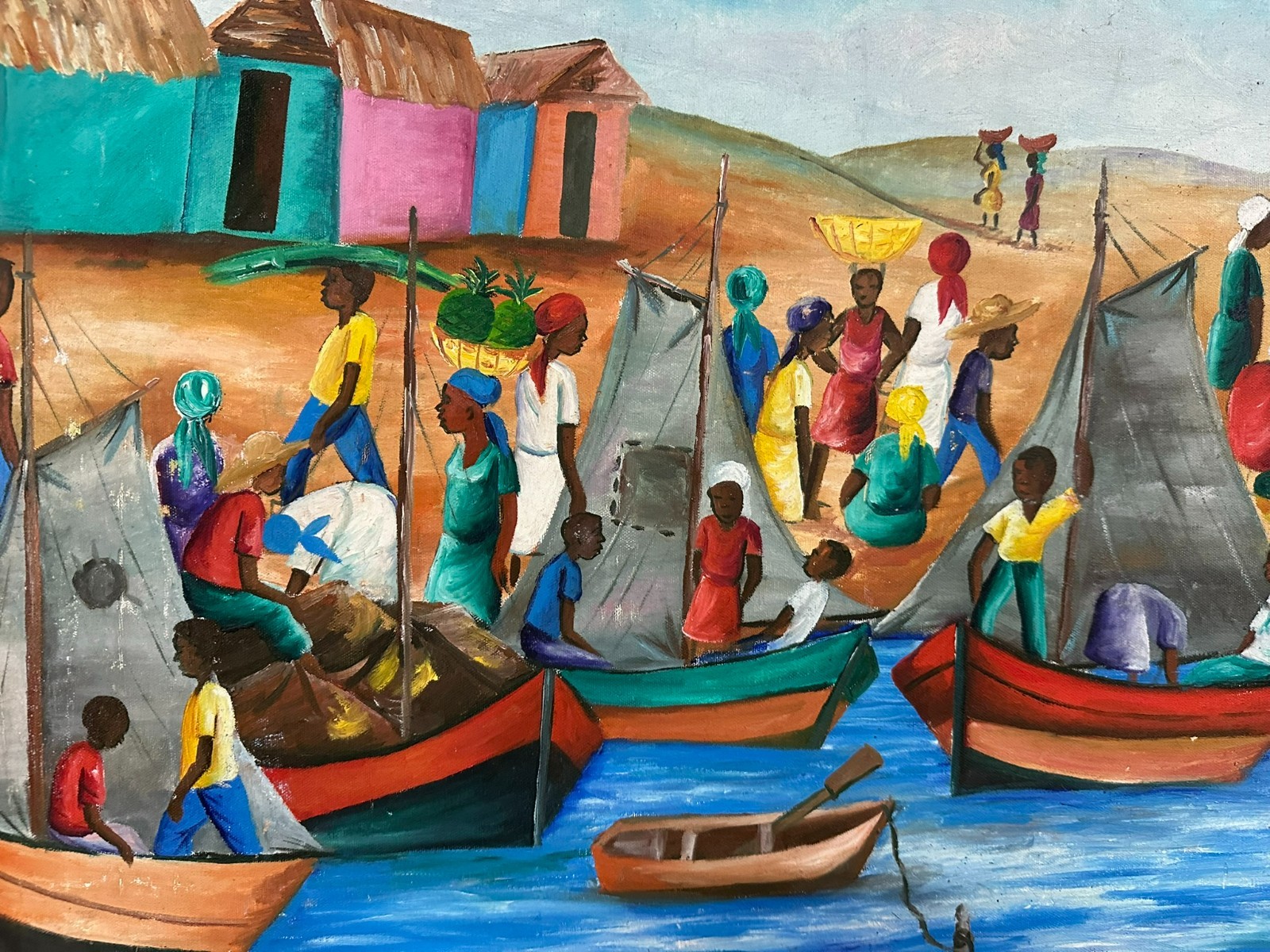 P. LOUIS ÖLGEMÄLDE PERSONEN AM HAFEN MIT BOOTEN IN AFRIKA