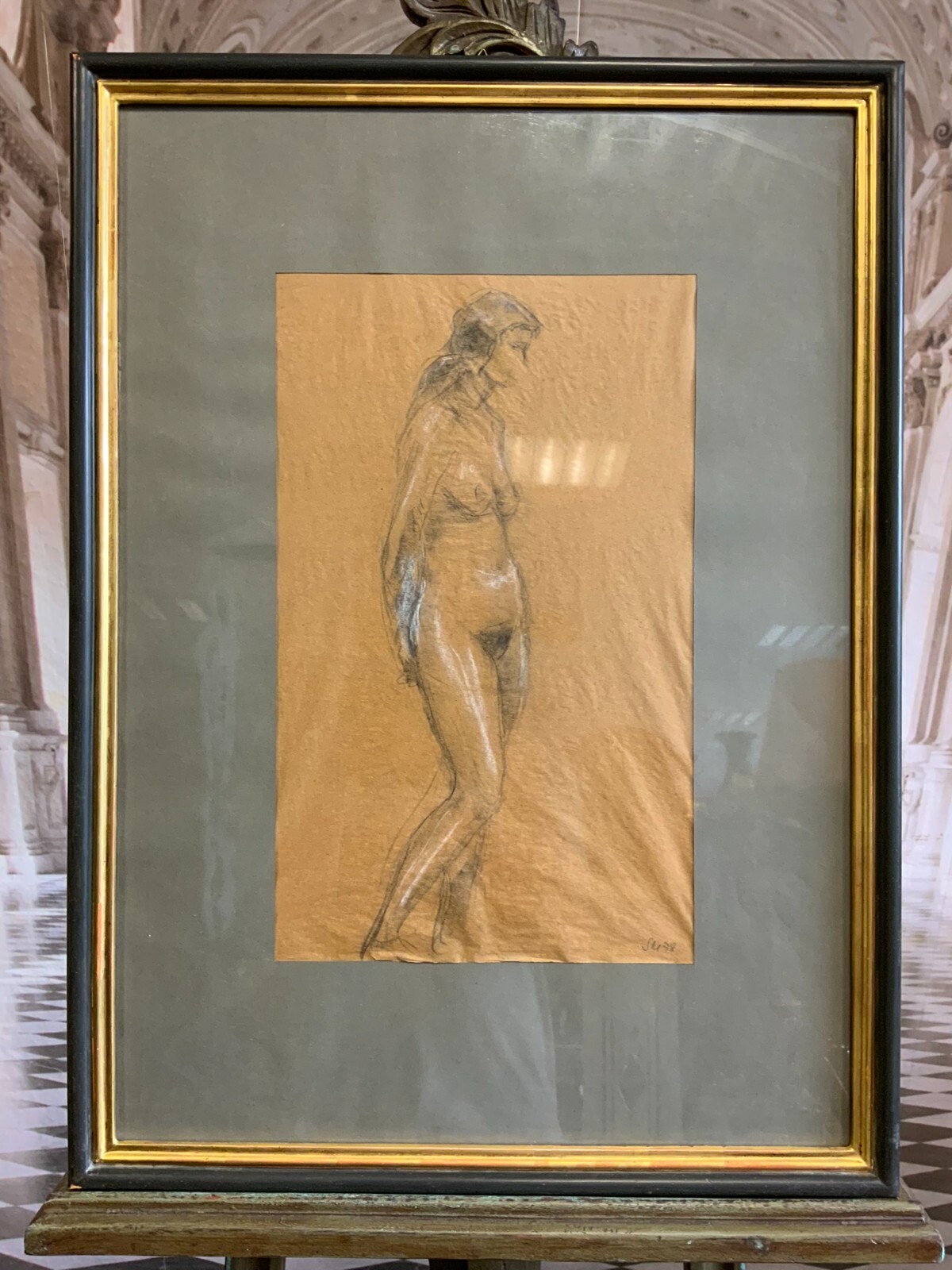 ZEICHNUNG EROTIK STEHENDER AKT SEHR GUT GERAHMT GESAMT 55x76cm