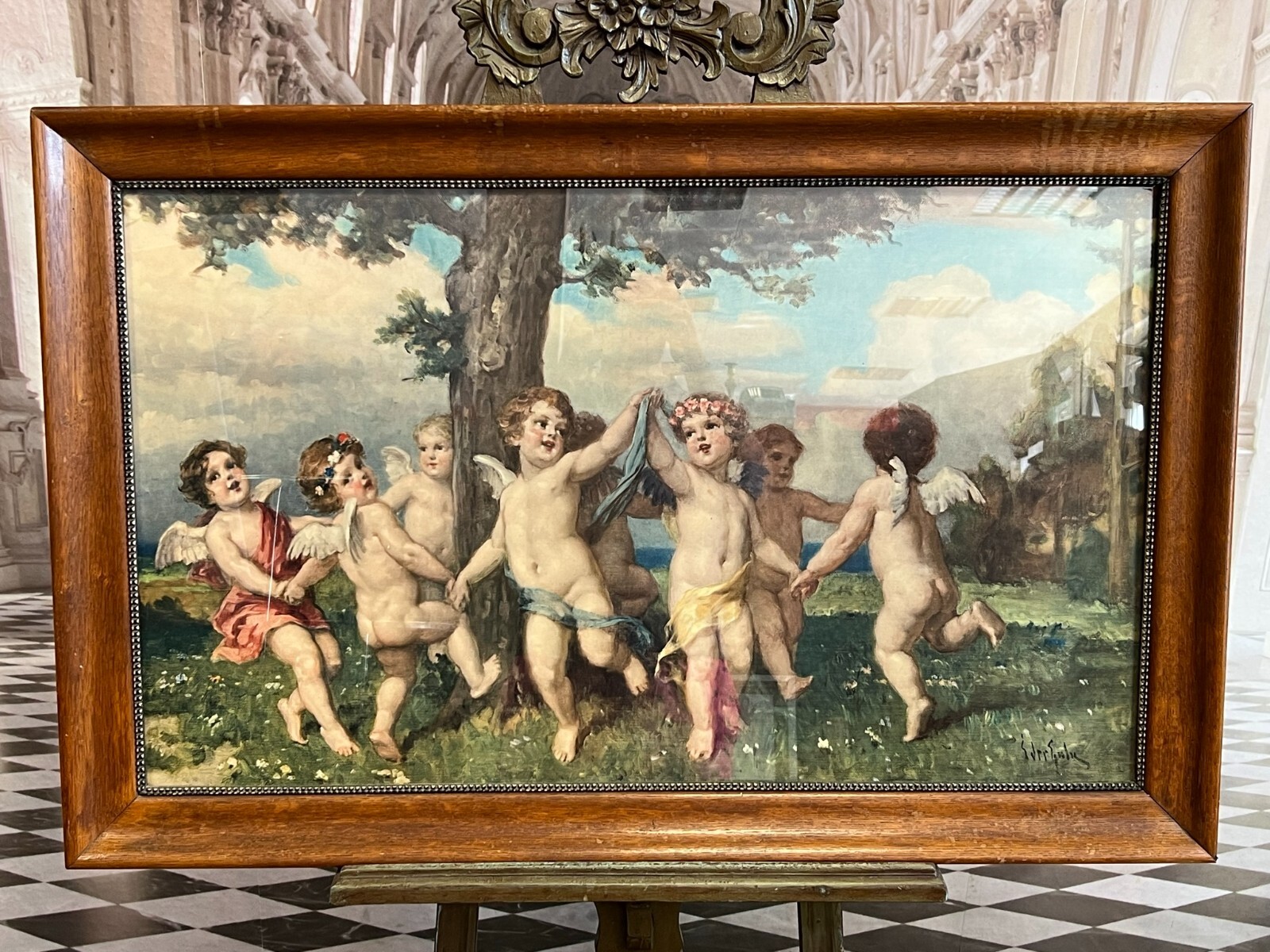 DRUCK NACH EINEM ÖLGEMÄLDE PUTTI TANZENDE ENGEL GROSS ANTIKER RAHMEN 113x73cm – Bild 3