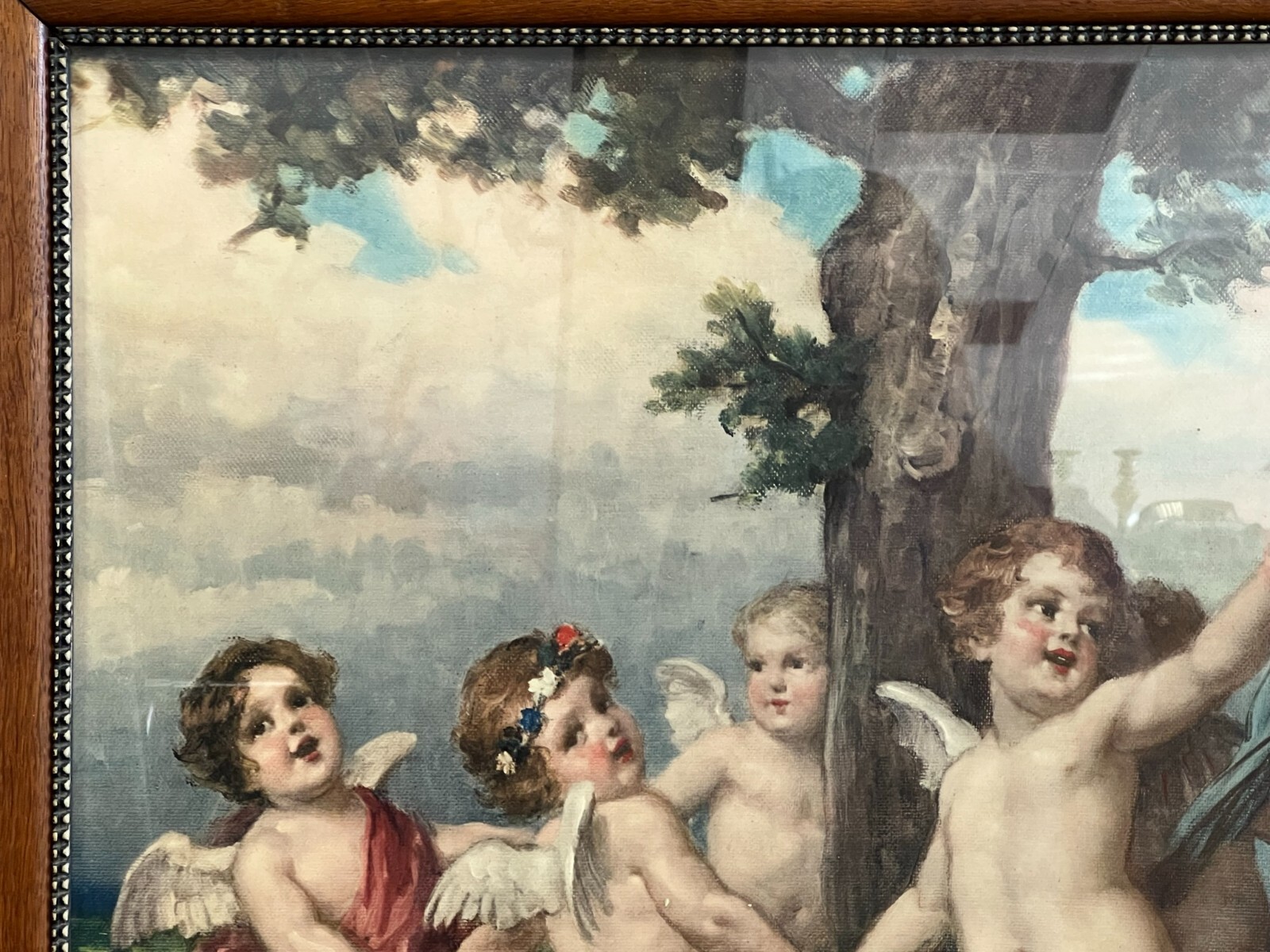 DRUCK NACH EINEM ÖLGEMÄLDE PUTTI TANZENDE ENGEL GROSS ANTIKER RAHMEN 113x73cm – Bild 4