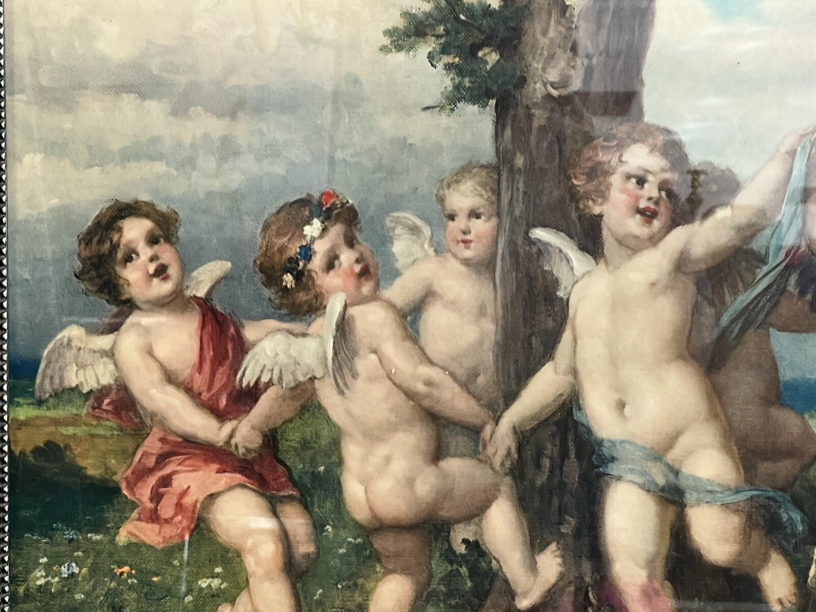 DRUCK NACH EINEM ÖLGEMÄLDE PUTTI TANZENDE ENGEL GROSS ANTIKER RAHMEN 113x73cm – Bild 5