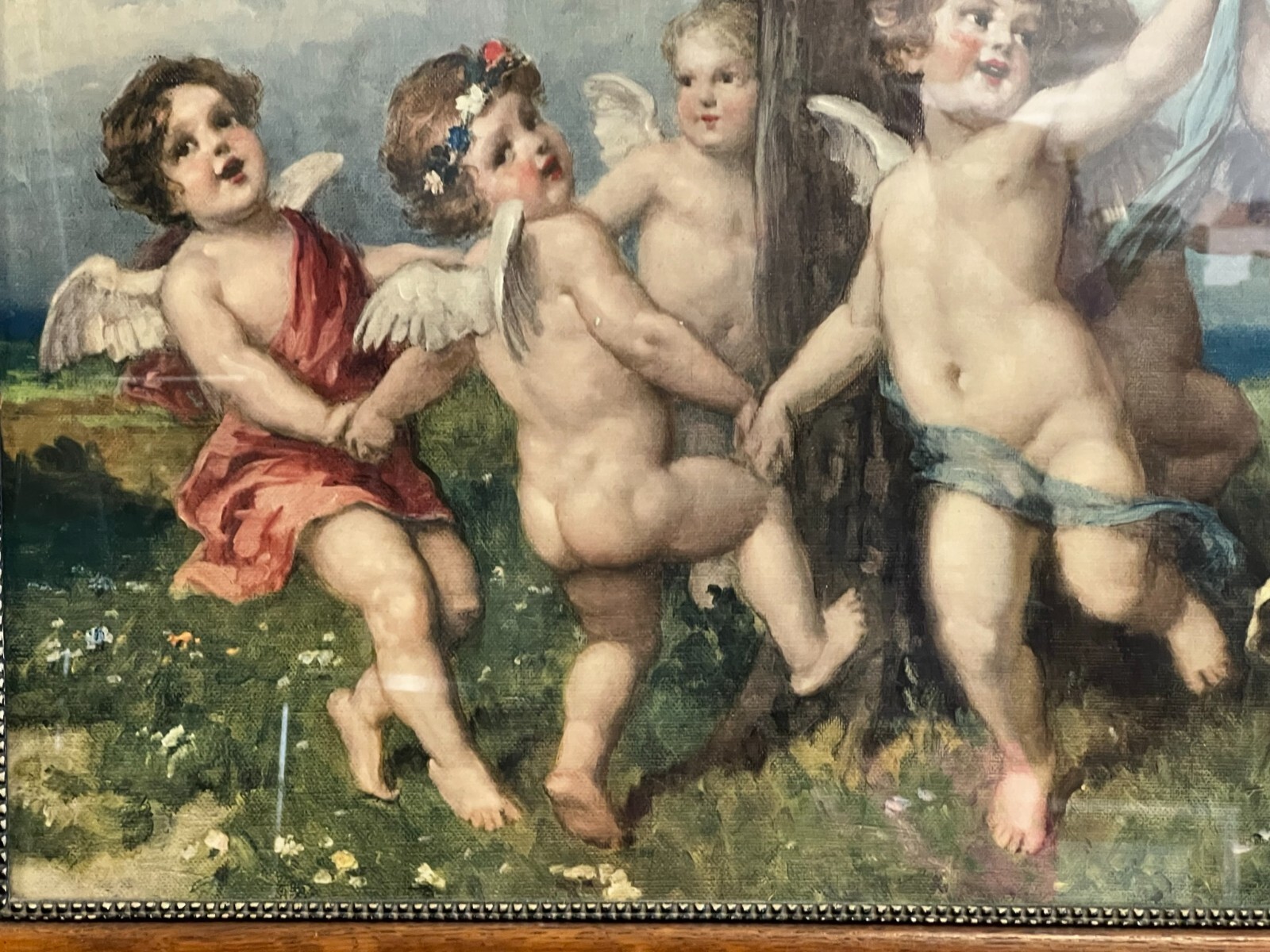 DRUCK NACH EINEM ÖLGEMÄLDE PUTTI TANZENDE ENGEL GROSS ANTIKER RAHMEN 113x73cm – Bild 6