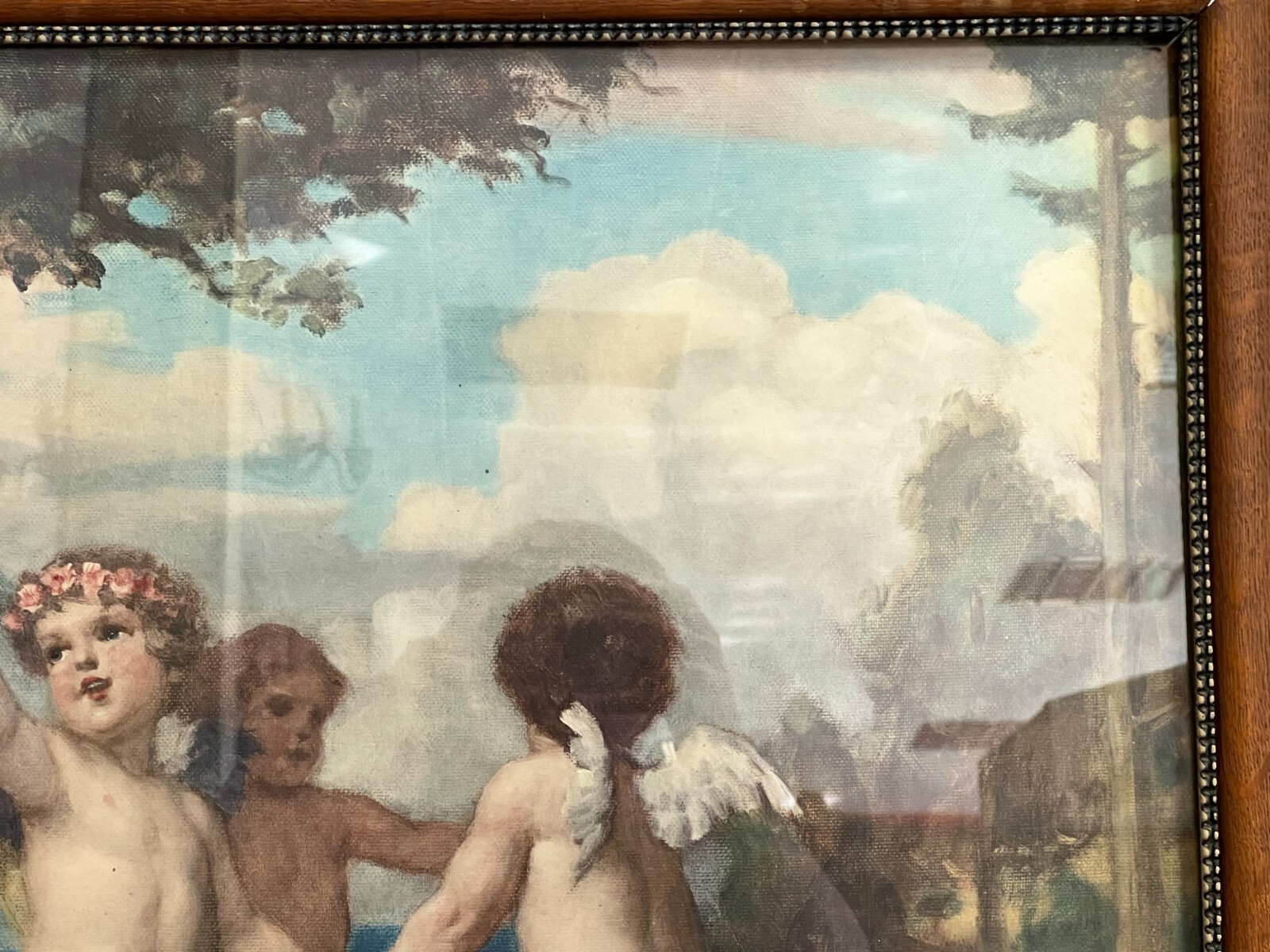 DRUCK NACH EINEM ÖLGEMÄLDE PUTTI TANZENDE ENGEL GROSS ANTIKER RAHMEN 113x73cm – Bild 7