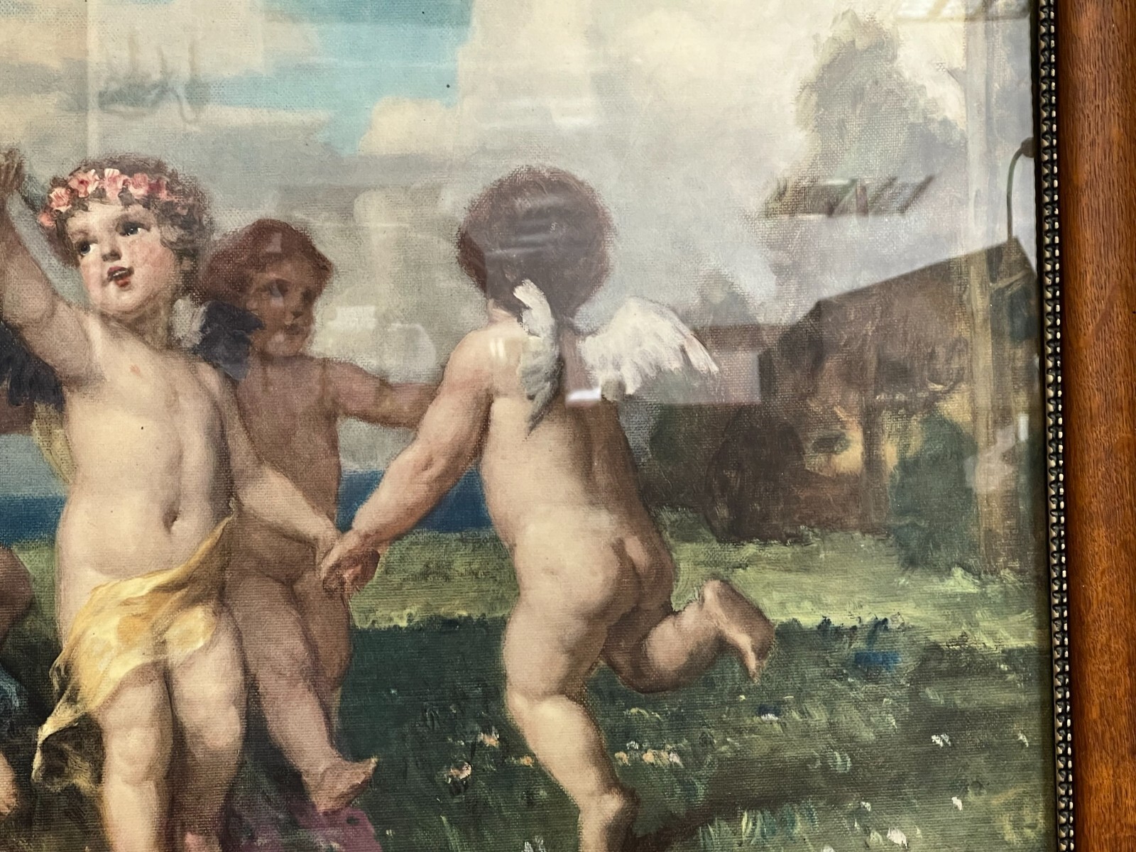 DRUCK NACH EINEM ÖLGEMÄLDE PUTTI TANZENDE ENGEL GROSS ANTIKER RAHMEN 113x73cm – Bild 8