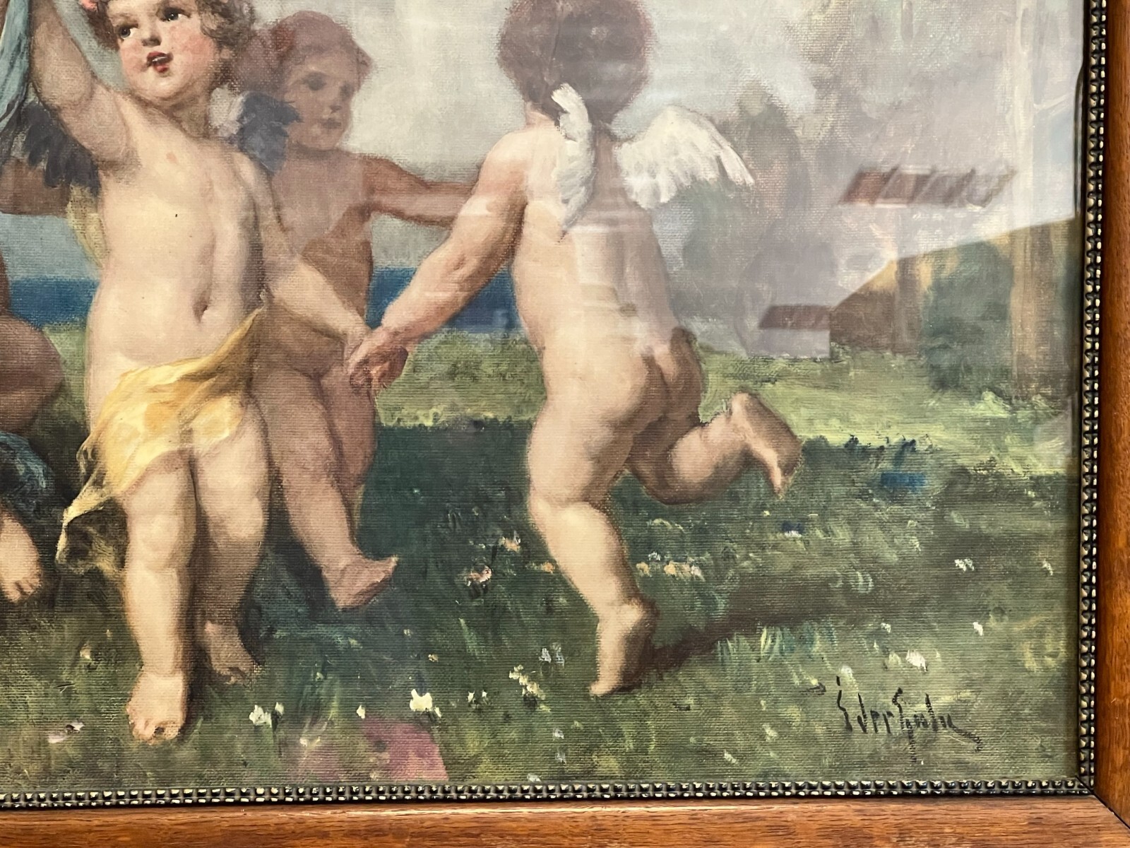 DRUCK NACH EINEM ÖLGEMÄLDE PUTTI TANZENDE ENGEL GROSS ANTIKER RAHMEN 113x73cm – Bild 9