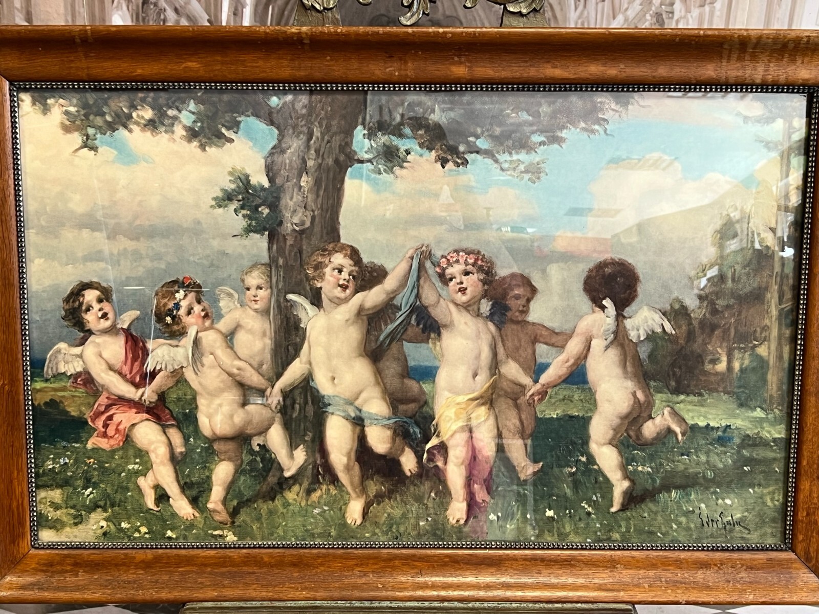 DRUCK NACH EINEM ÖLGEMÄLDE PUTTI TANZENDE ENGEL GROSS ANTIKER RAHMEN 113x73cm